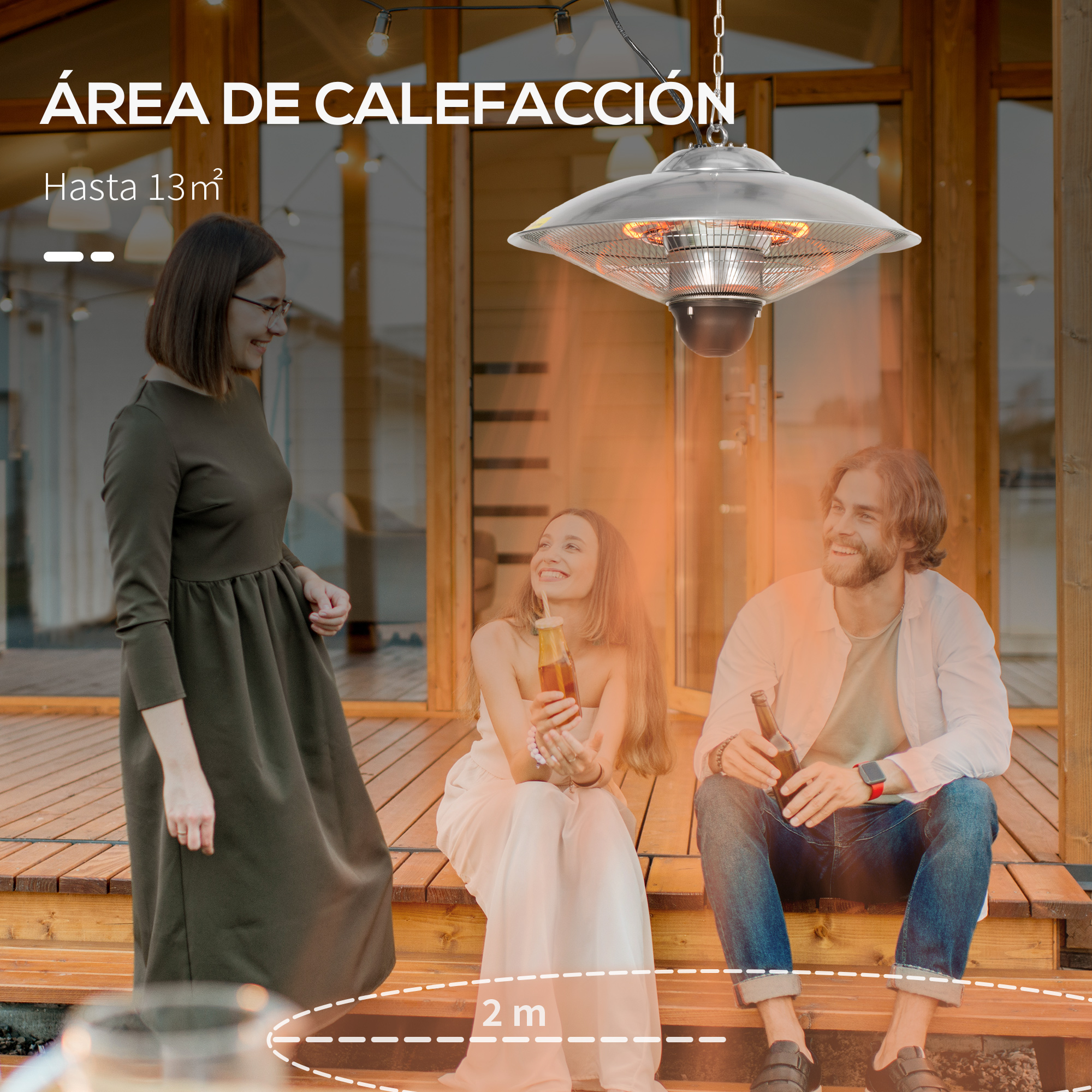 Personas alrededor de un calefactor exterior colgado, en una terraza de madera.