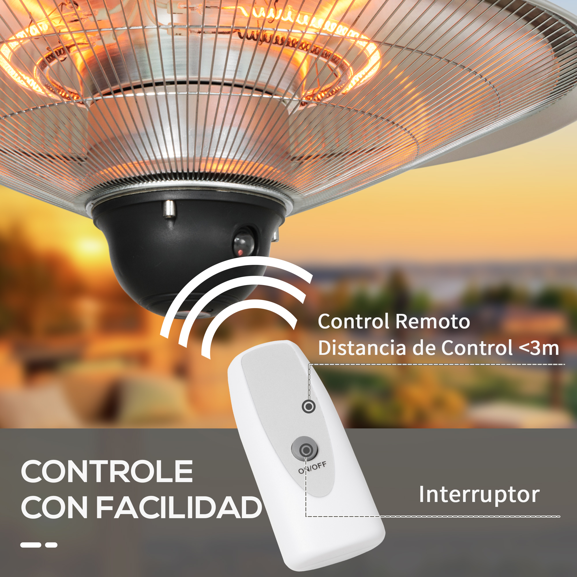 Un calentador exterior blanco con un mando a distancia. El fondo es una puesta de sol borrosa.