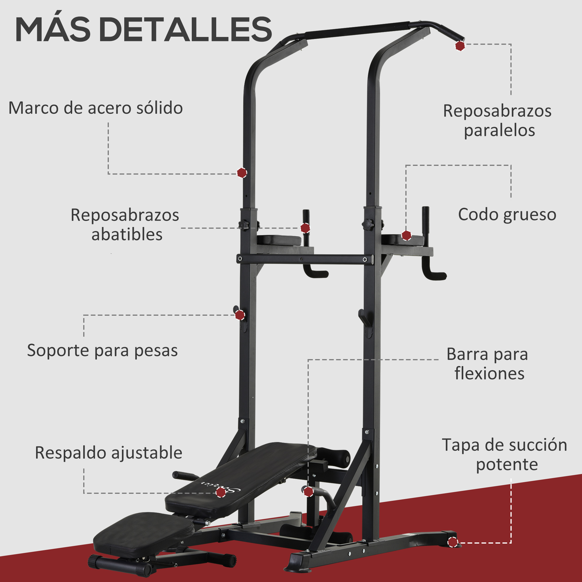 Una estación de fitness negra con varias partes y características etiquetadas.