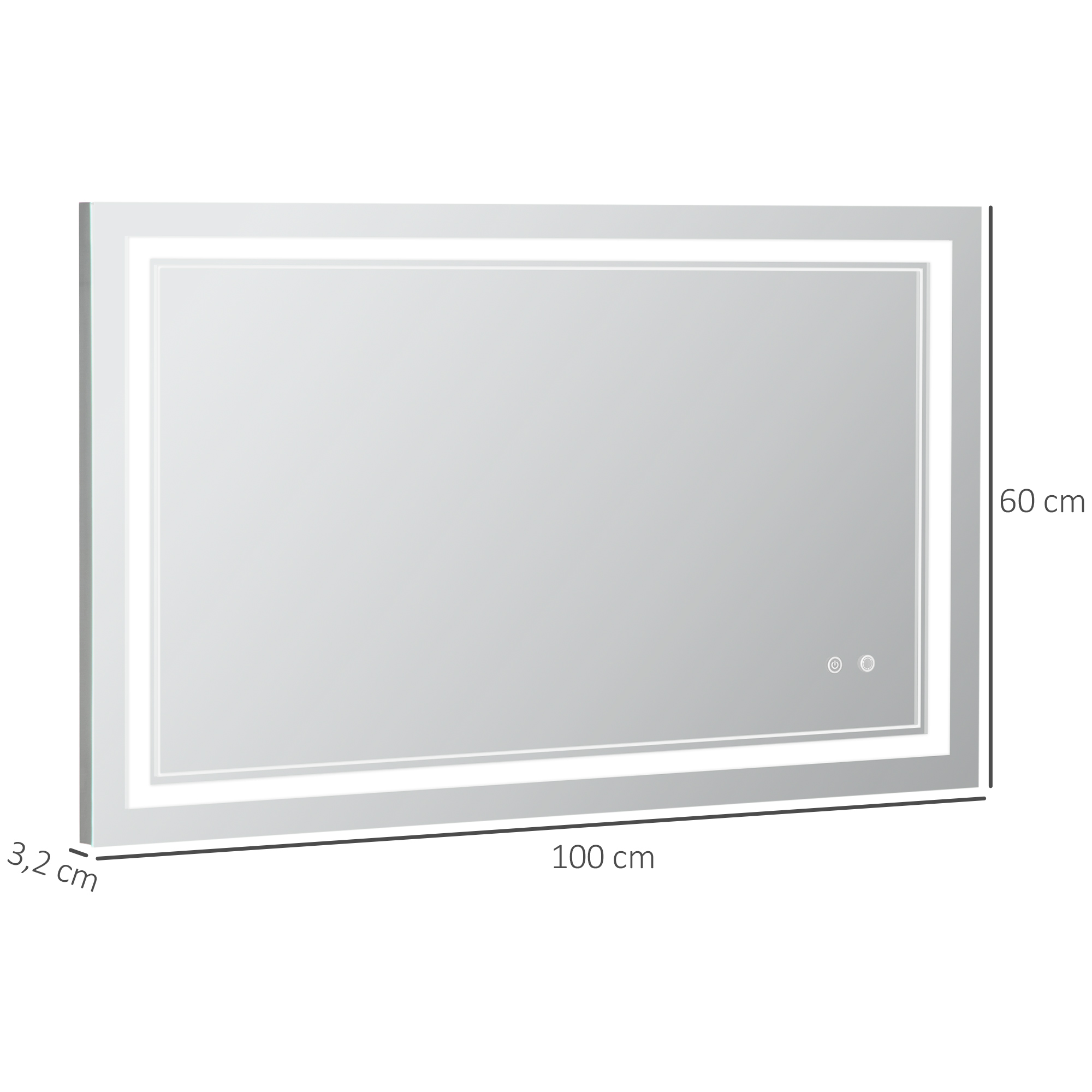 Un espejo rectangular iluminado, marco blanco, con dimensiones y botones táctiles, sobre un fondo blanco.