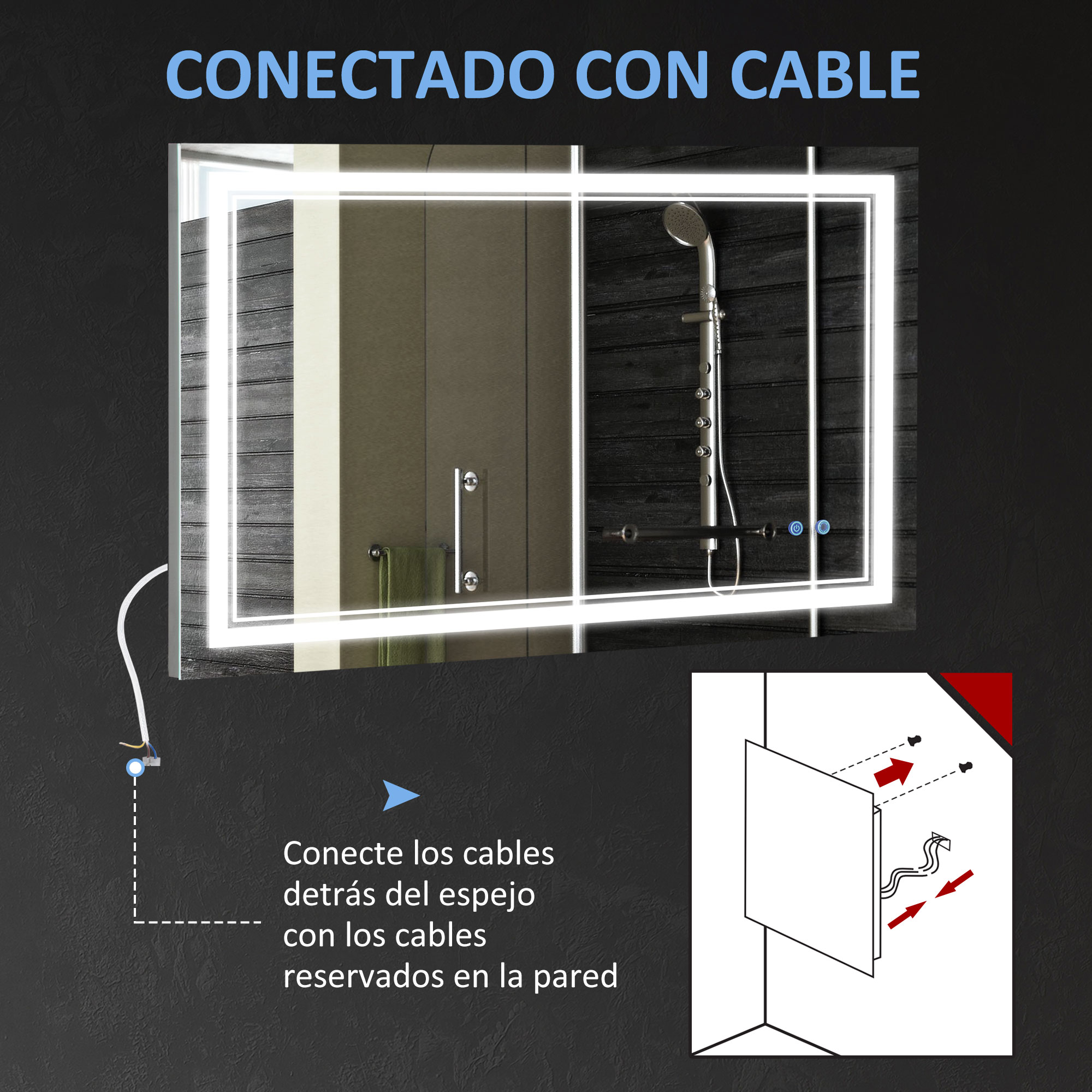 Un espejo de baño moderno. Tiene luz integrada y está conectado con un cable a la pared.