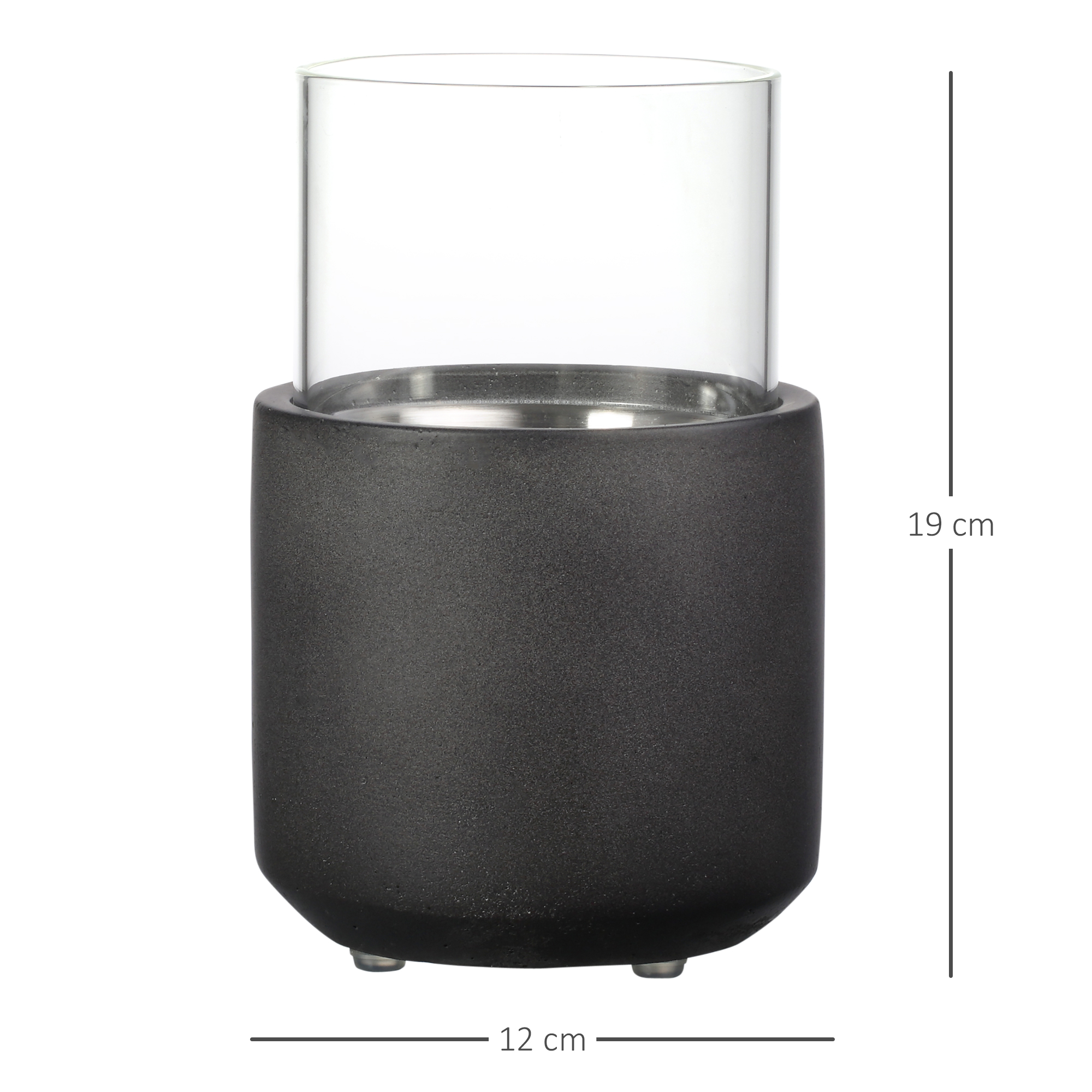 Un portavelas negro con un cilindro de vidrio encima. La base es oscura y redondeada, con dimensiones mostradas.