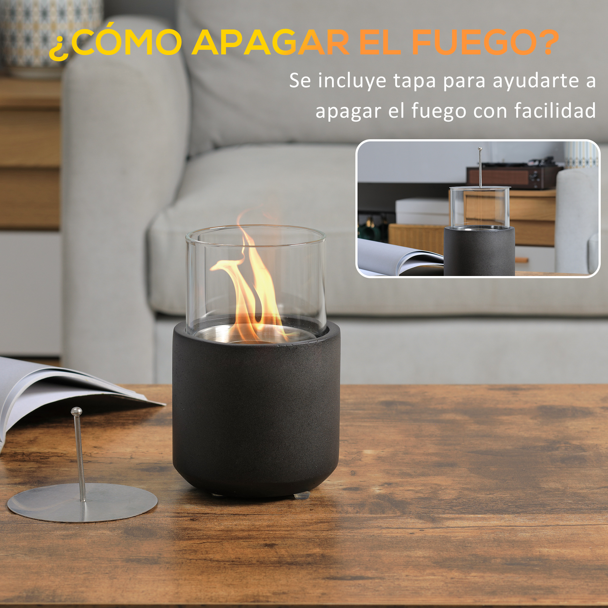 Hoguera de mesa con recinto de vidrio y apagador de metal. Base negra con llama encendida.