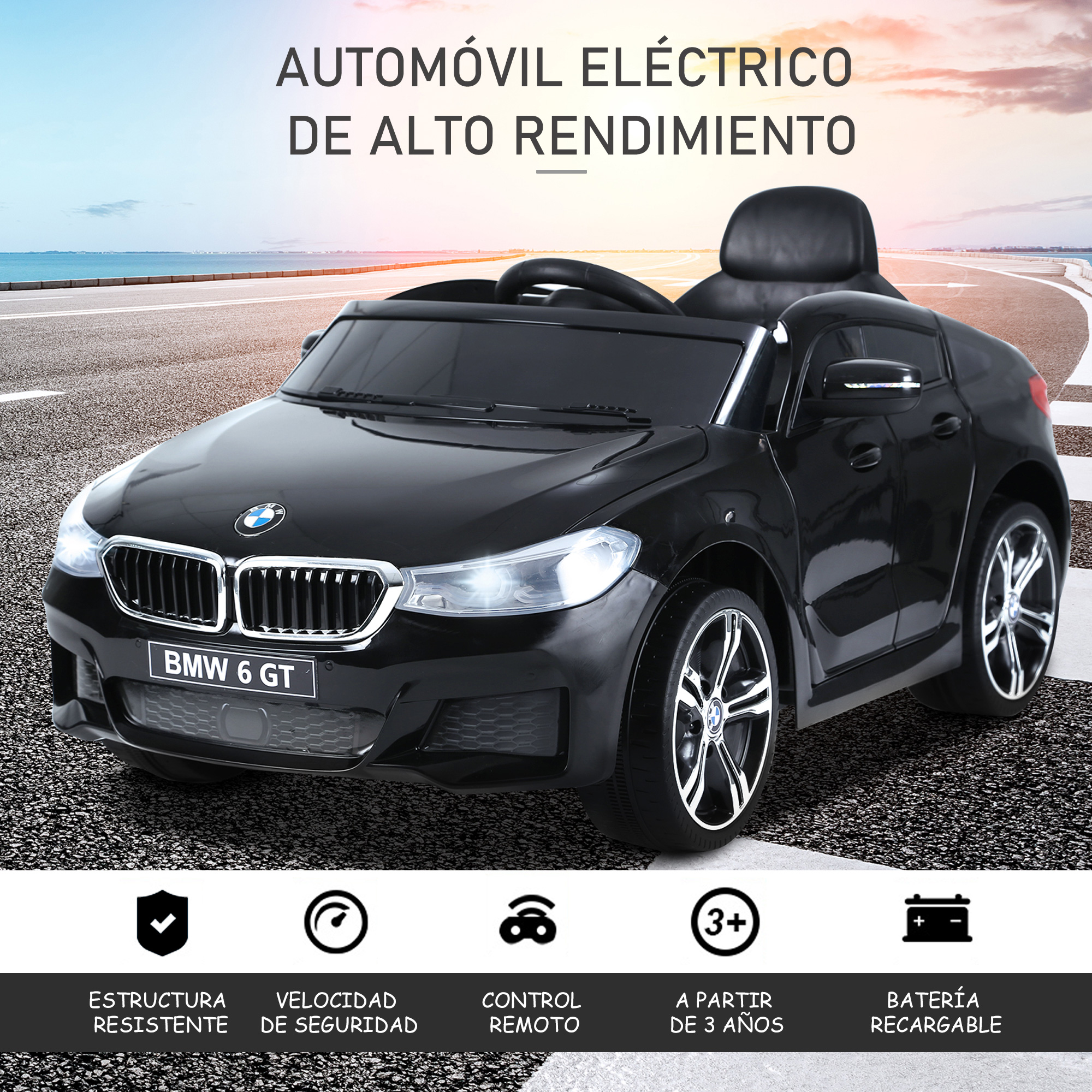 Coche de juguete BMW 6 GT negro. Características: estructura resistente, velocidad segura, mando a distancia.