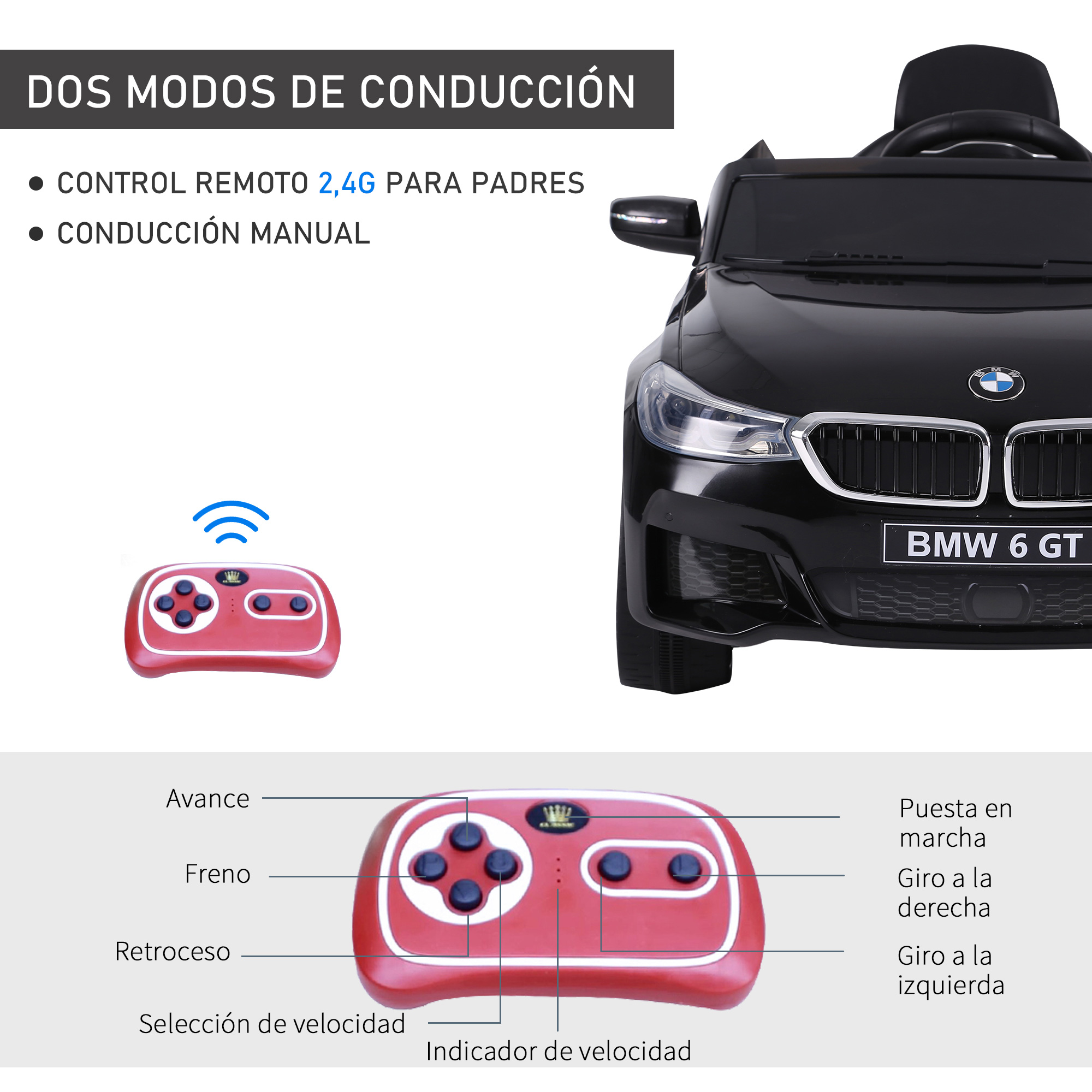 Coche de juguete BMW negro con mando a distancia rojo, flechas indican los controles.