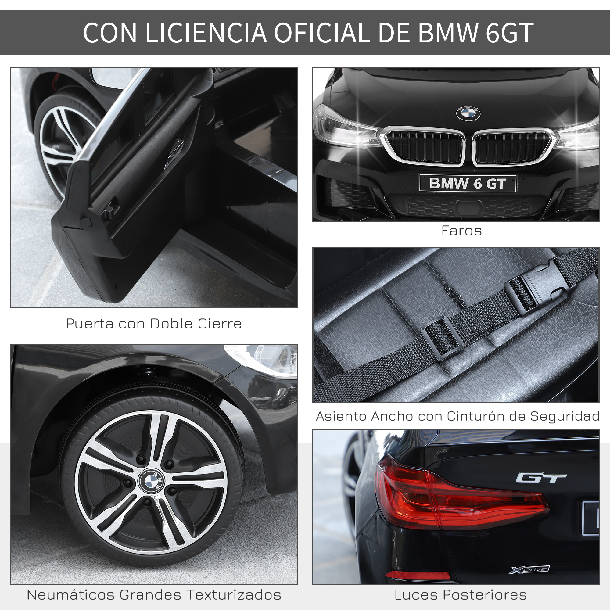 Un collage de imágenes que muestran detalles de un BMW 6 GT negro, con etiquetas de texto.