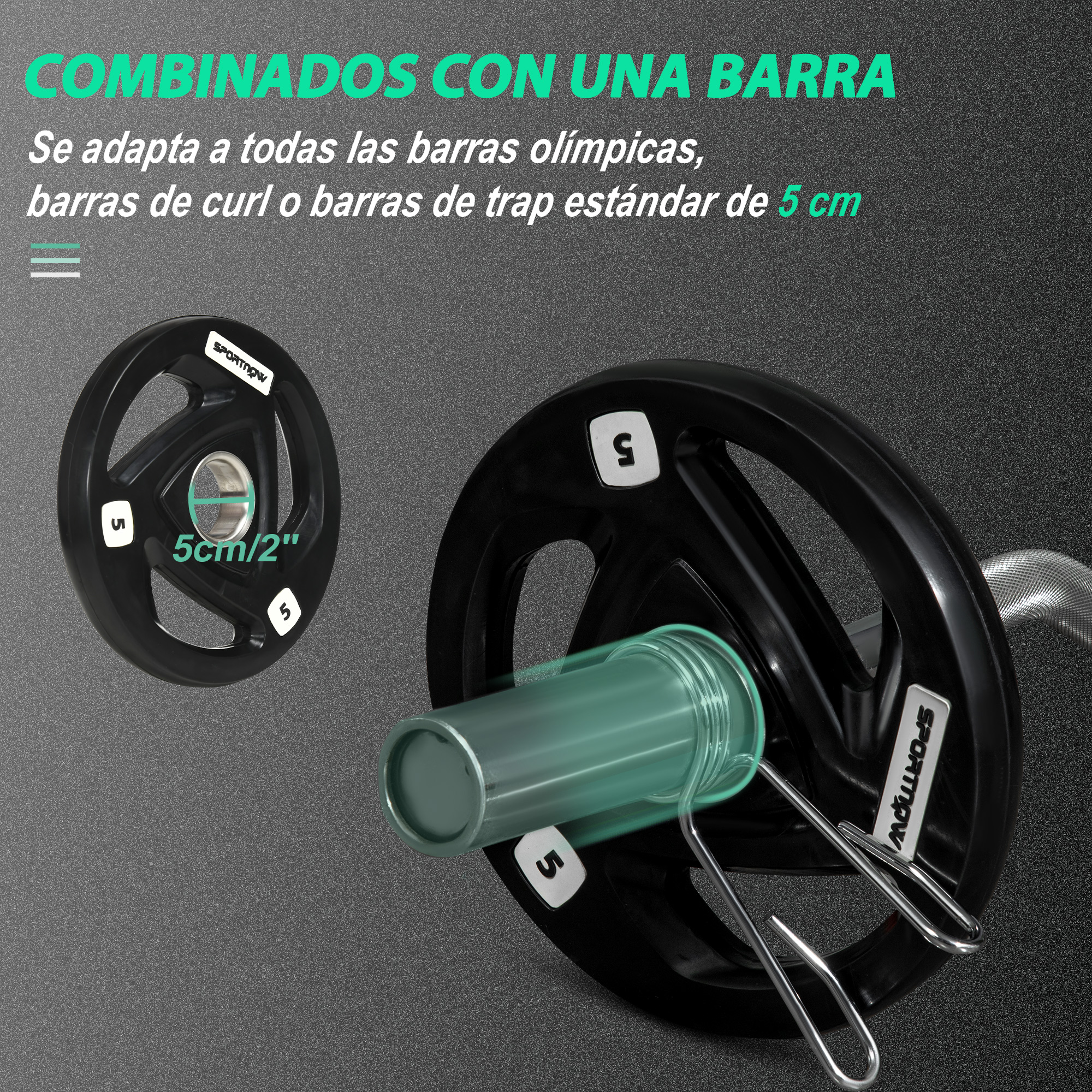 Se muestran discos de pesas con el número 5 y una barra para levantamiento de pesas.