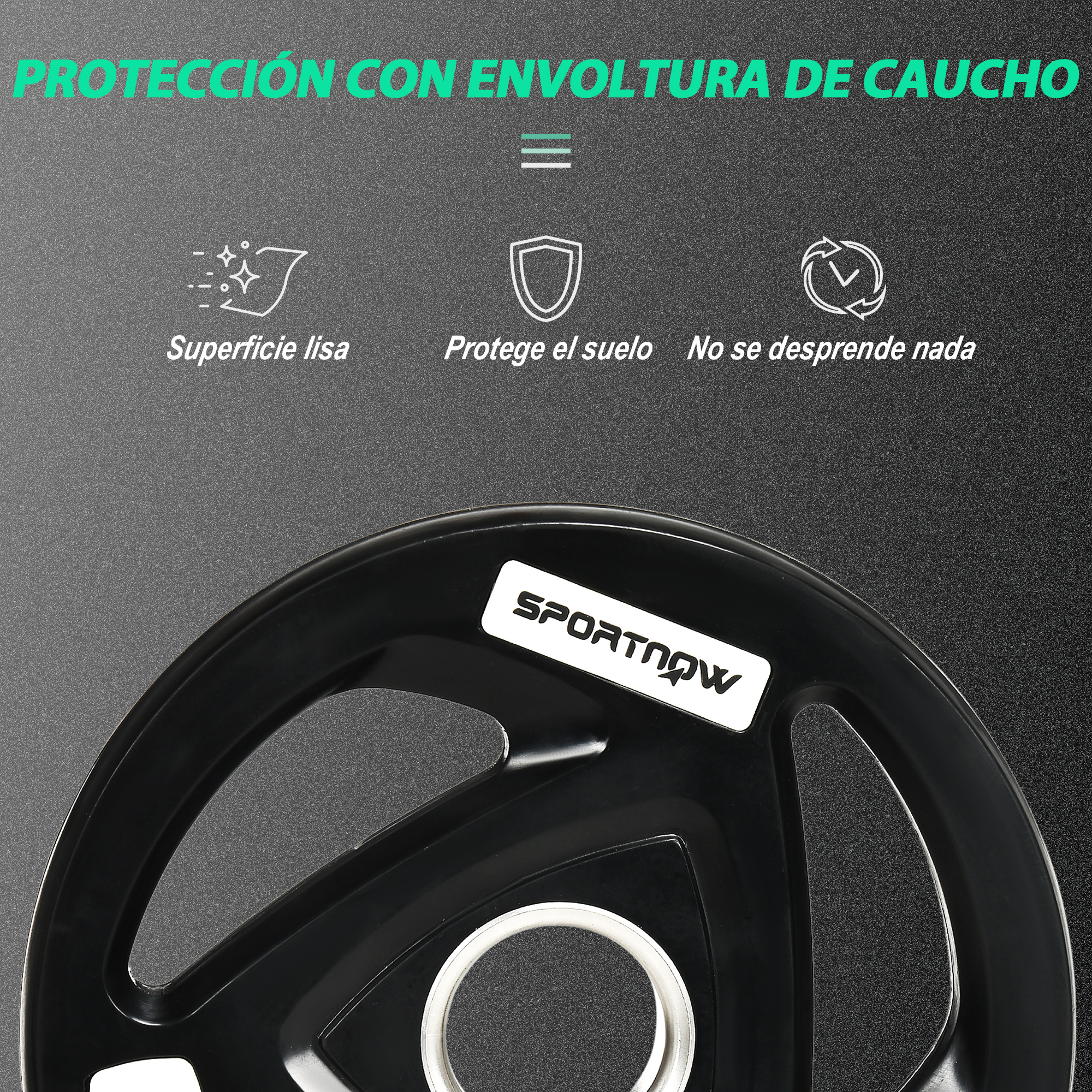 Plato de pesas negro. Tiene una etiqueta blanca con el logo de SportNow.
