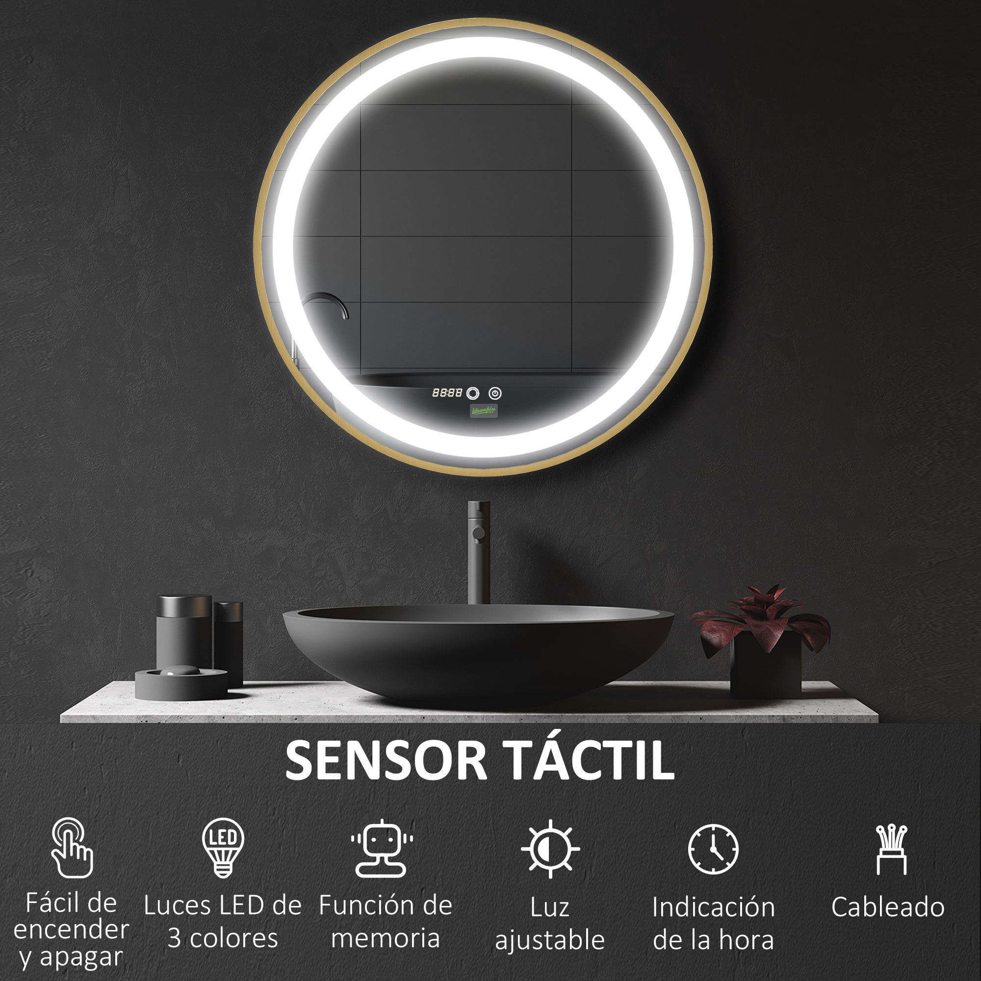 Espejo redondo con luz LED. Tiene sensor táctil y un lavabo negro.