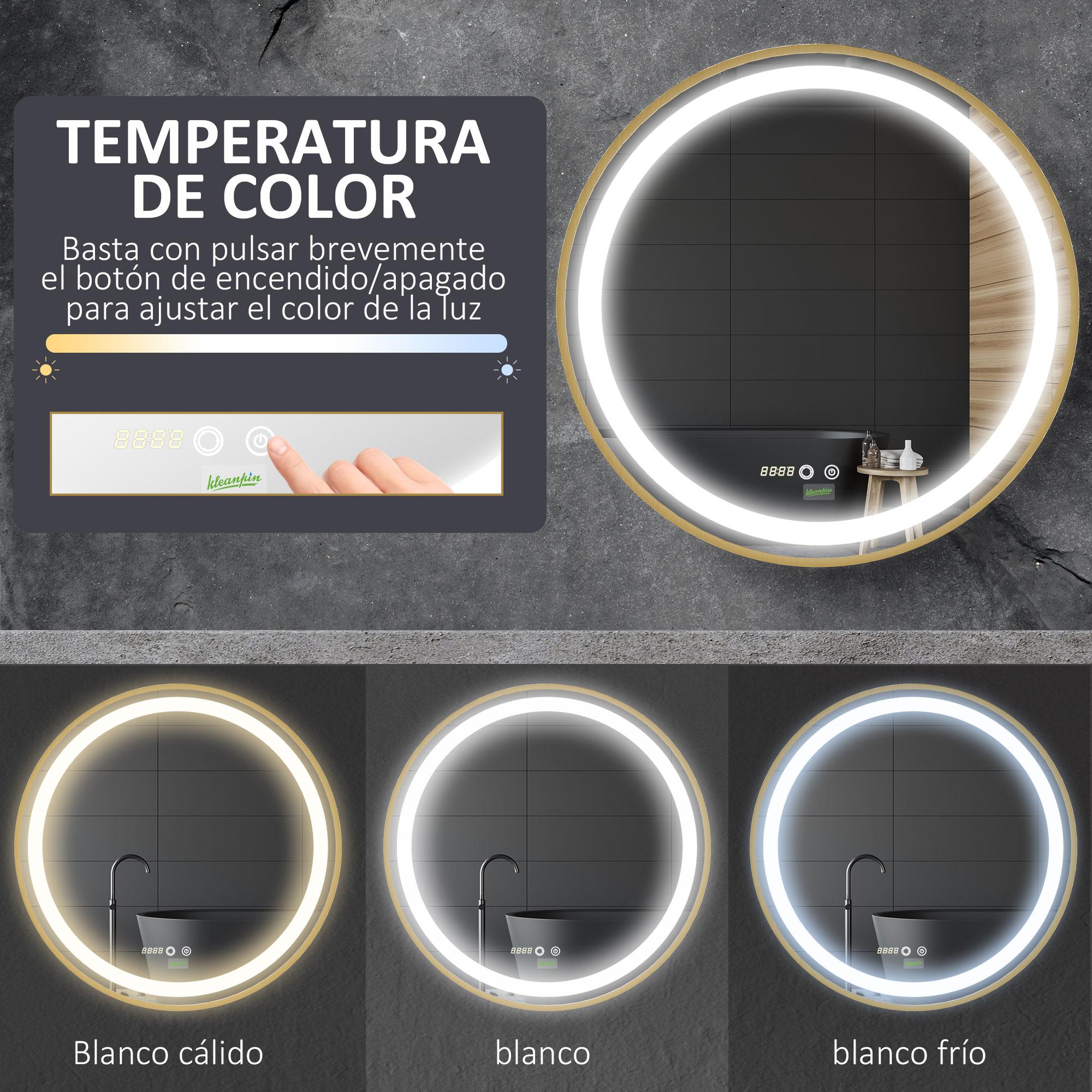 Espejo redondo con botón táctil para cambiar la temperatura de color de las luces.