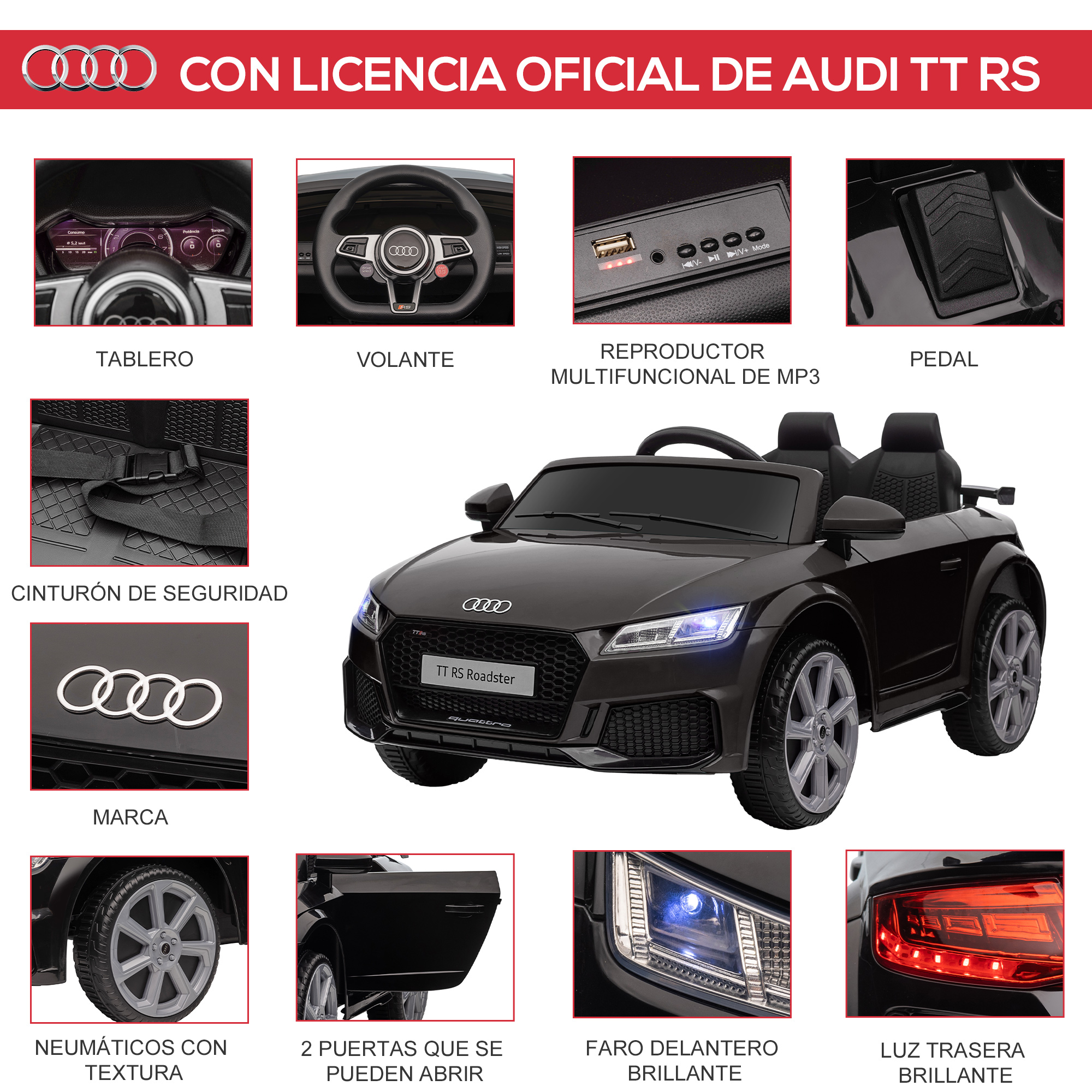 Un Audi TT RS Roadster de juguete negro con varias características: salpicadero, volante, reproductor MP3, pedal, cinturón de seguridad y más.