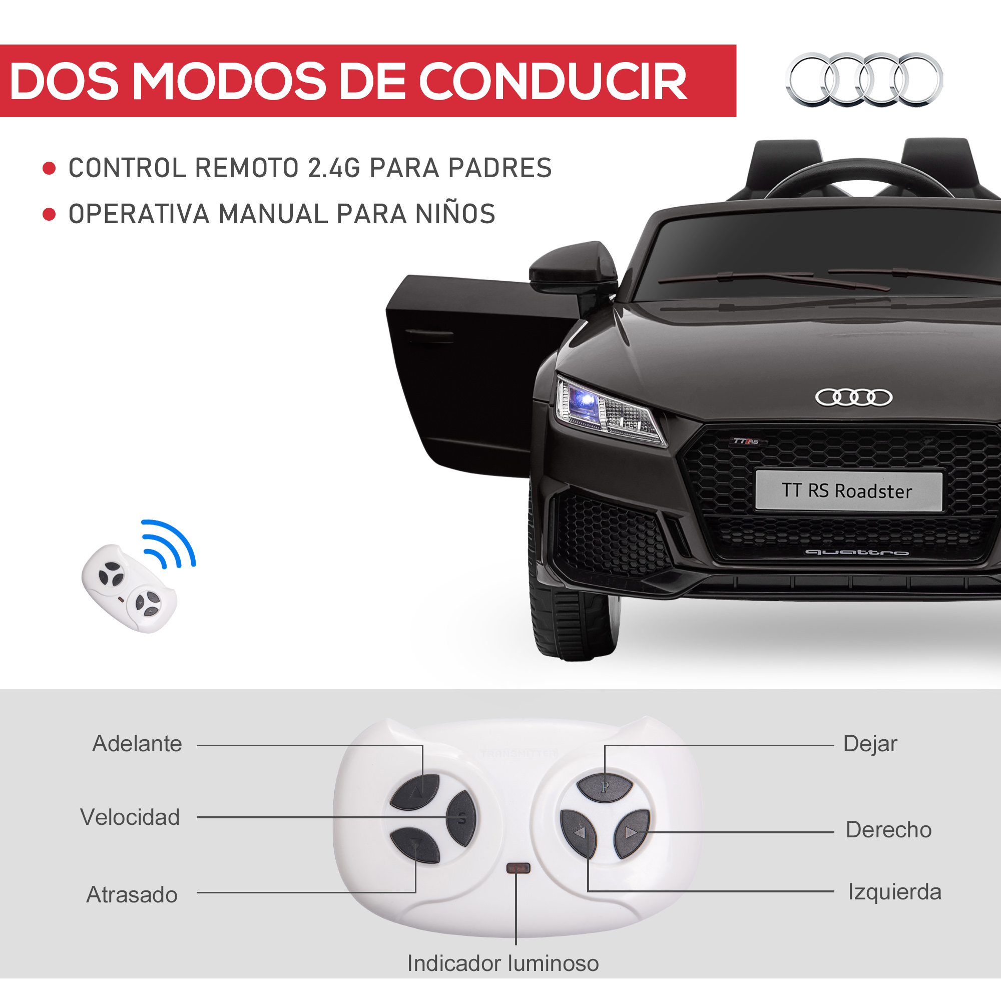 Coche de juguete negro con mando a distancia. Incluye avance, retroceso, control de velocidad y luces.