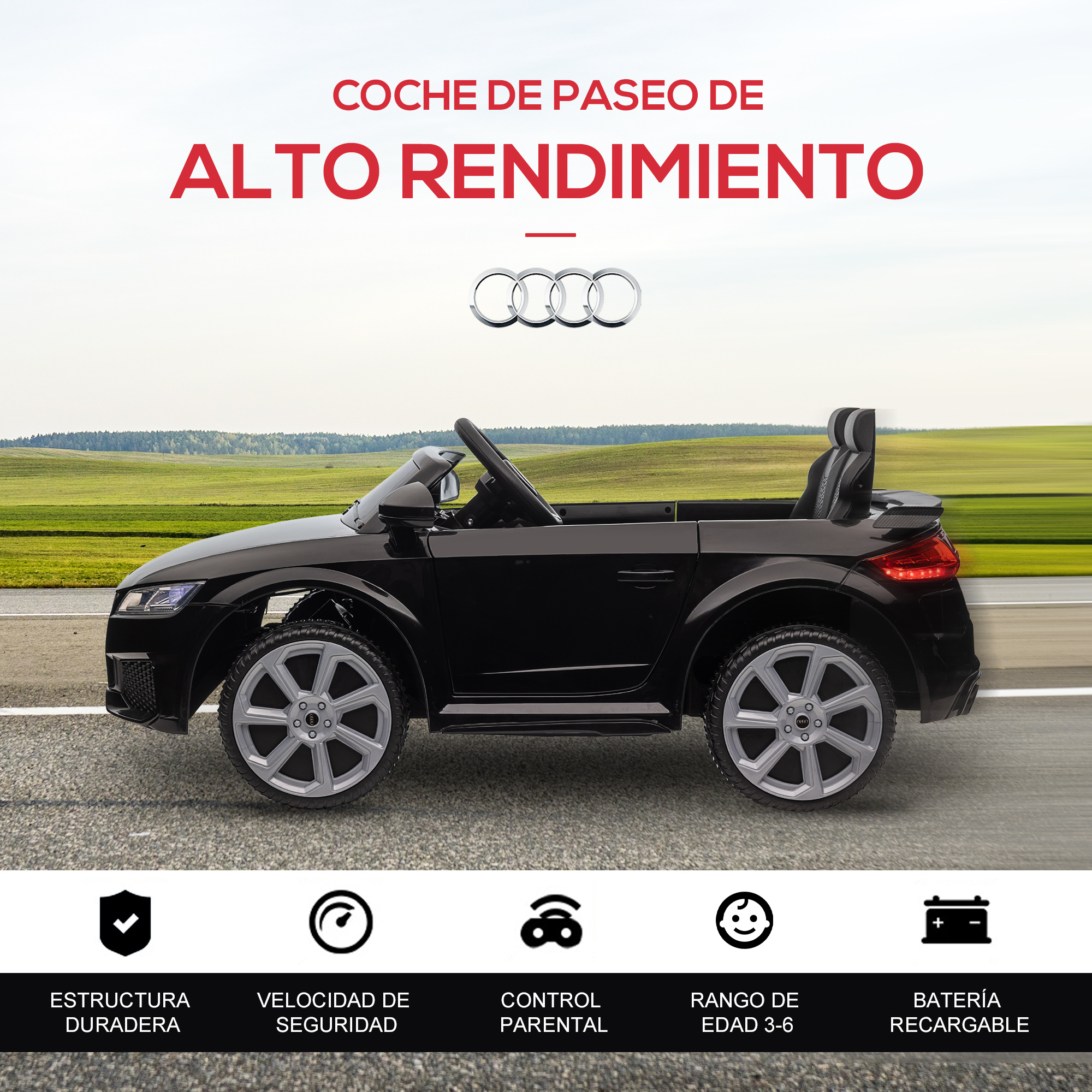 Coche de juguete negro con logo Audi. Estructura duradera, velocidad, control parental.