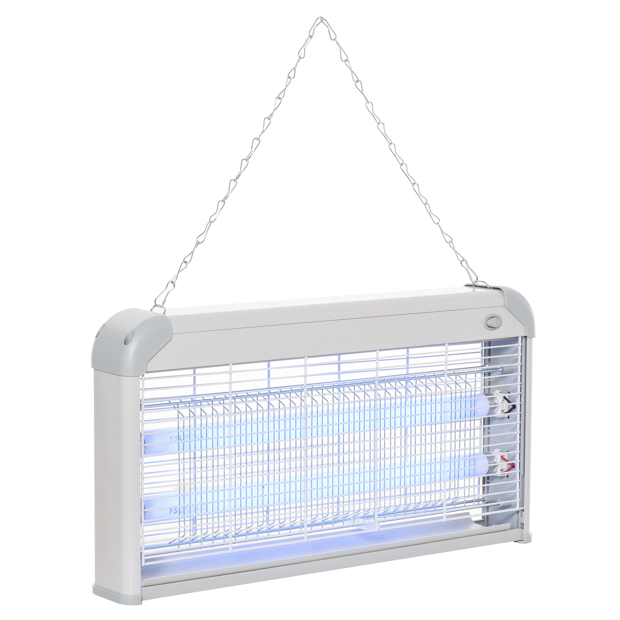 Insetticida sospeso con luci UV blu e una griglia metallica. Mostra il dispositivo da vicino.