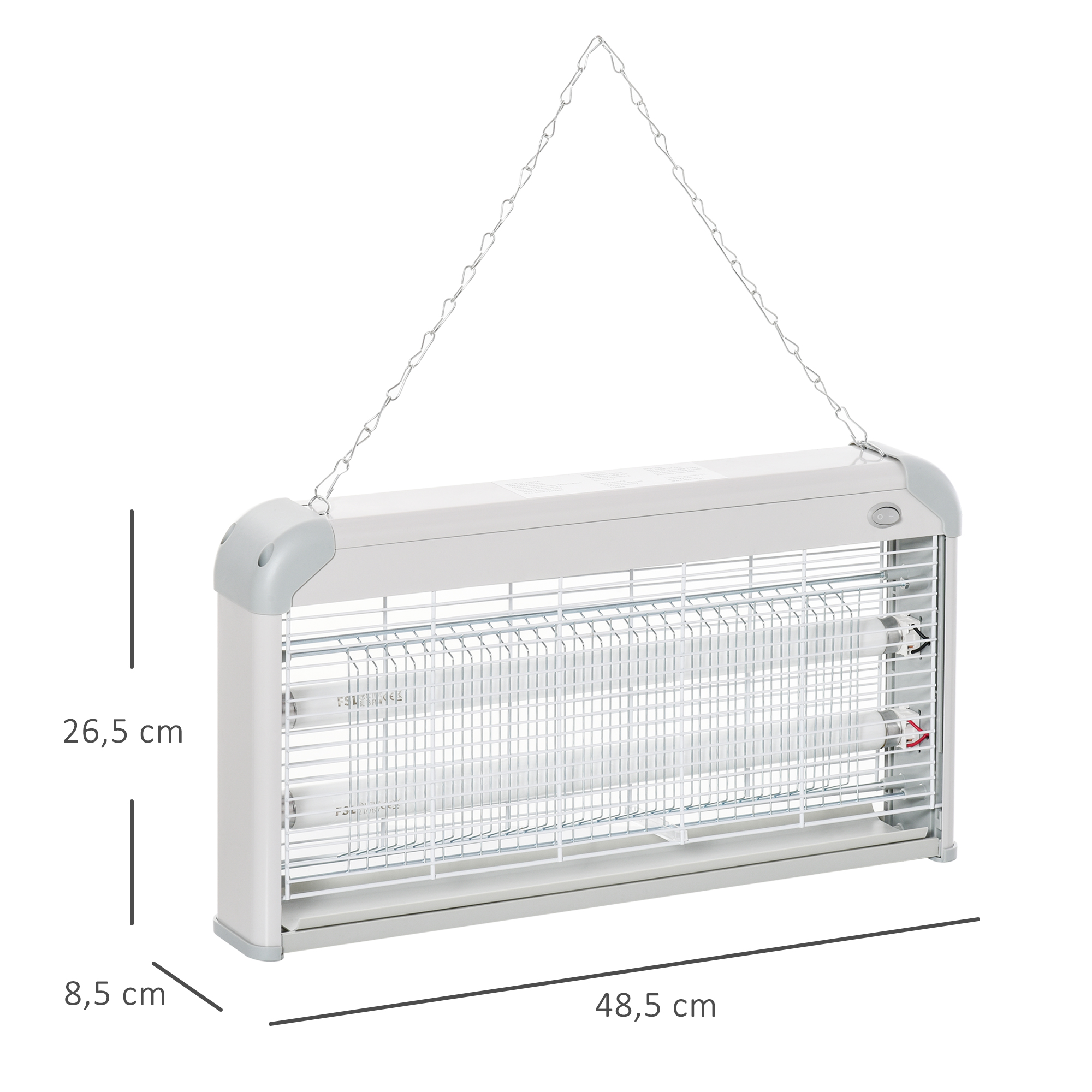 Mata insectos rectangular blanco colgado por cadenas. Tiene una rejilla metálica y dimensiones en cm.