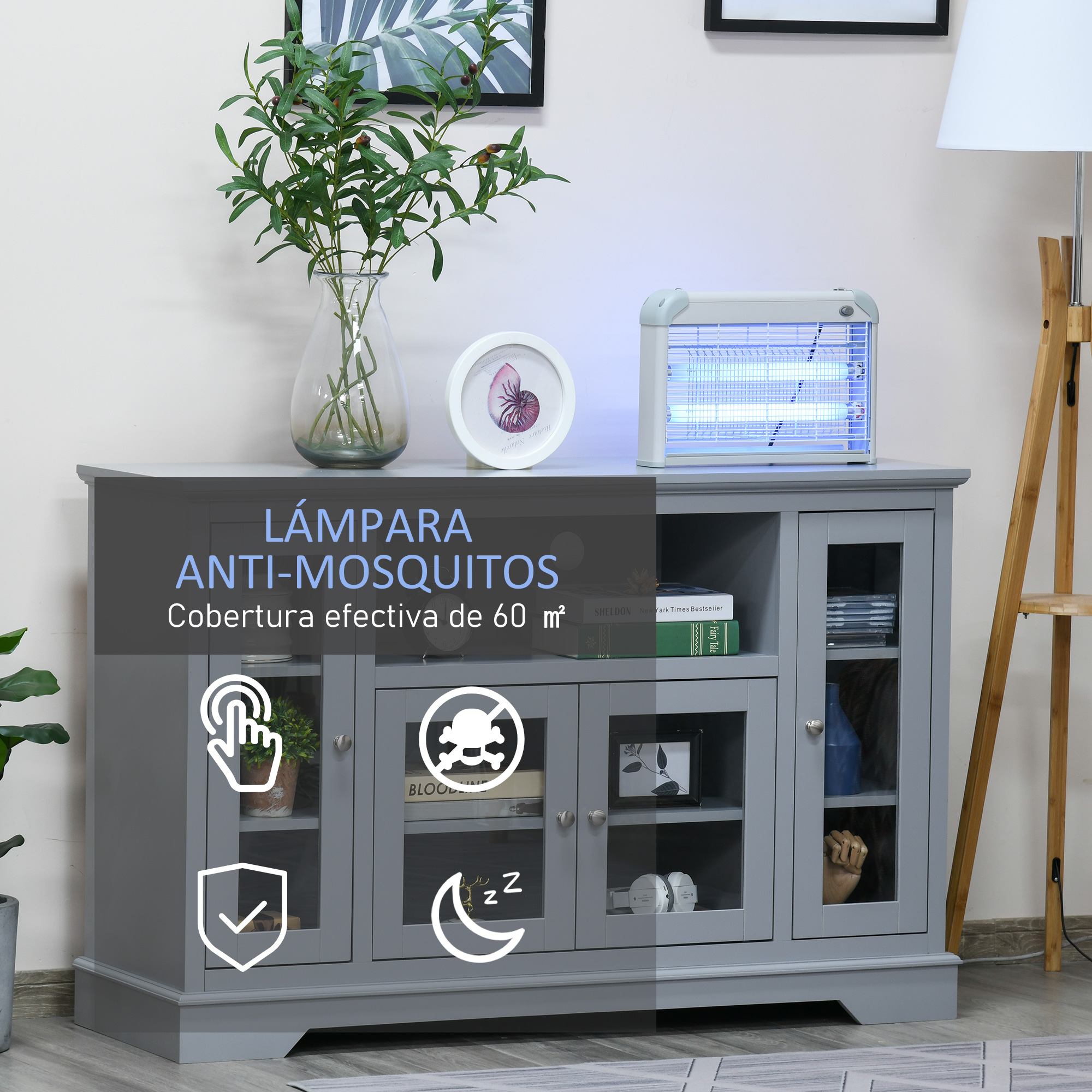 Un gabinete gris con puertas de vidrio tiene un matamoscas en la parte superior, con iconos de protección.