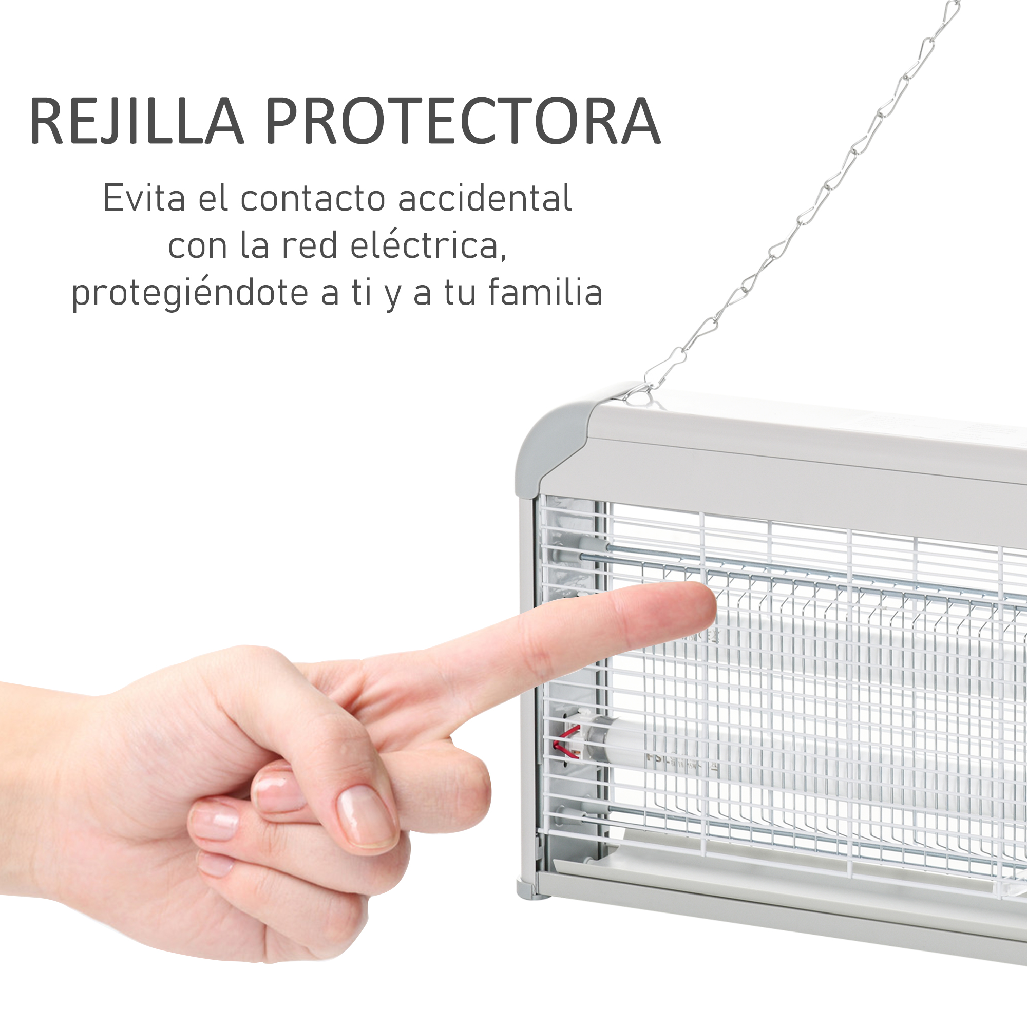 Primer plano de un matamoscas con un dedo apuntando a la rejilla metálica. Protege de descargas eléctricas.