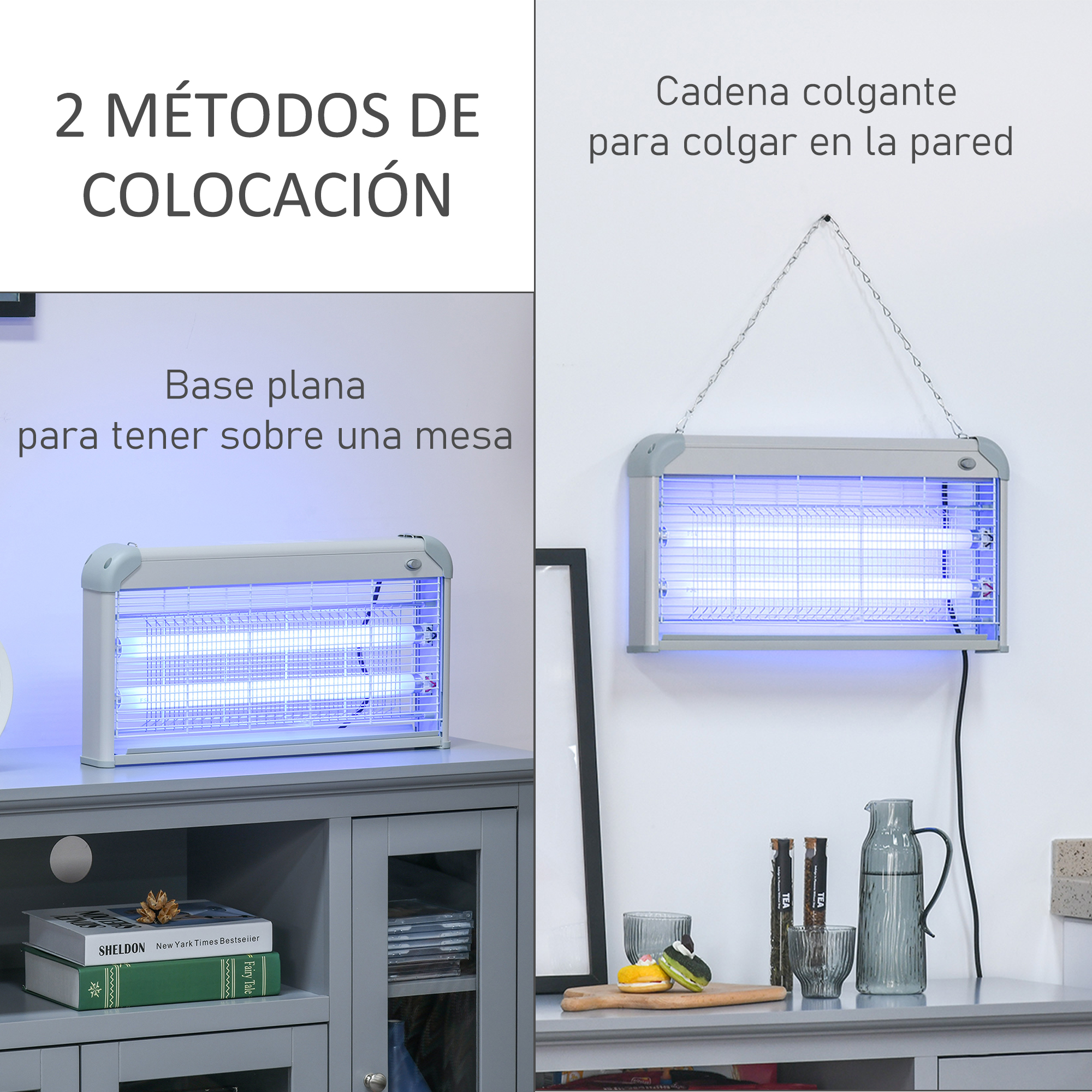 Dos lámparas matainsectos, una sobre una mesa, la otra colgada. Ambas tienen luces azules.