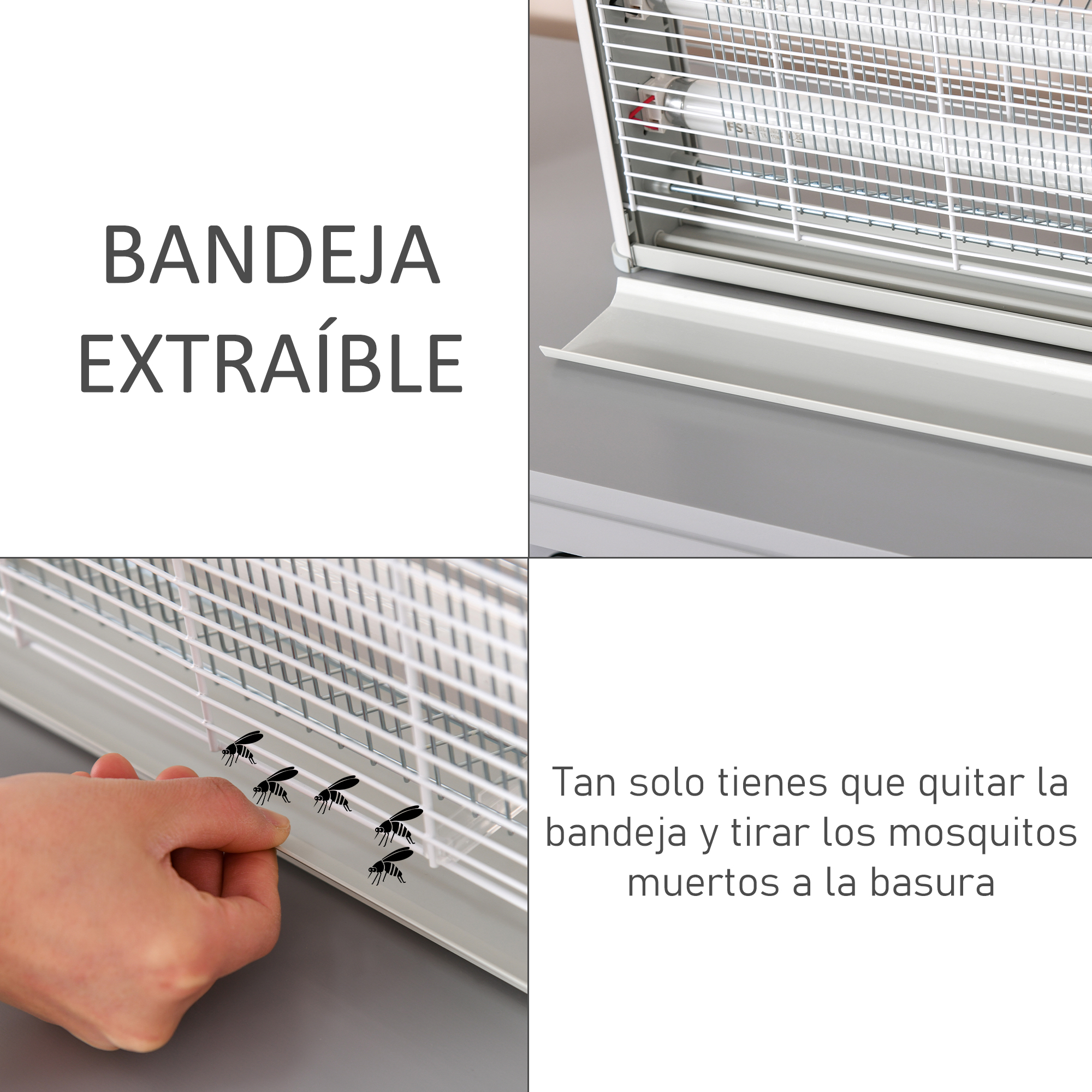 Primer plano de un matainsectos eléctrico con bandeja extraíble e insectos muertos.