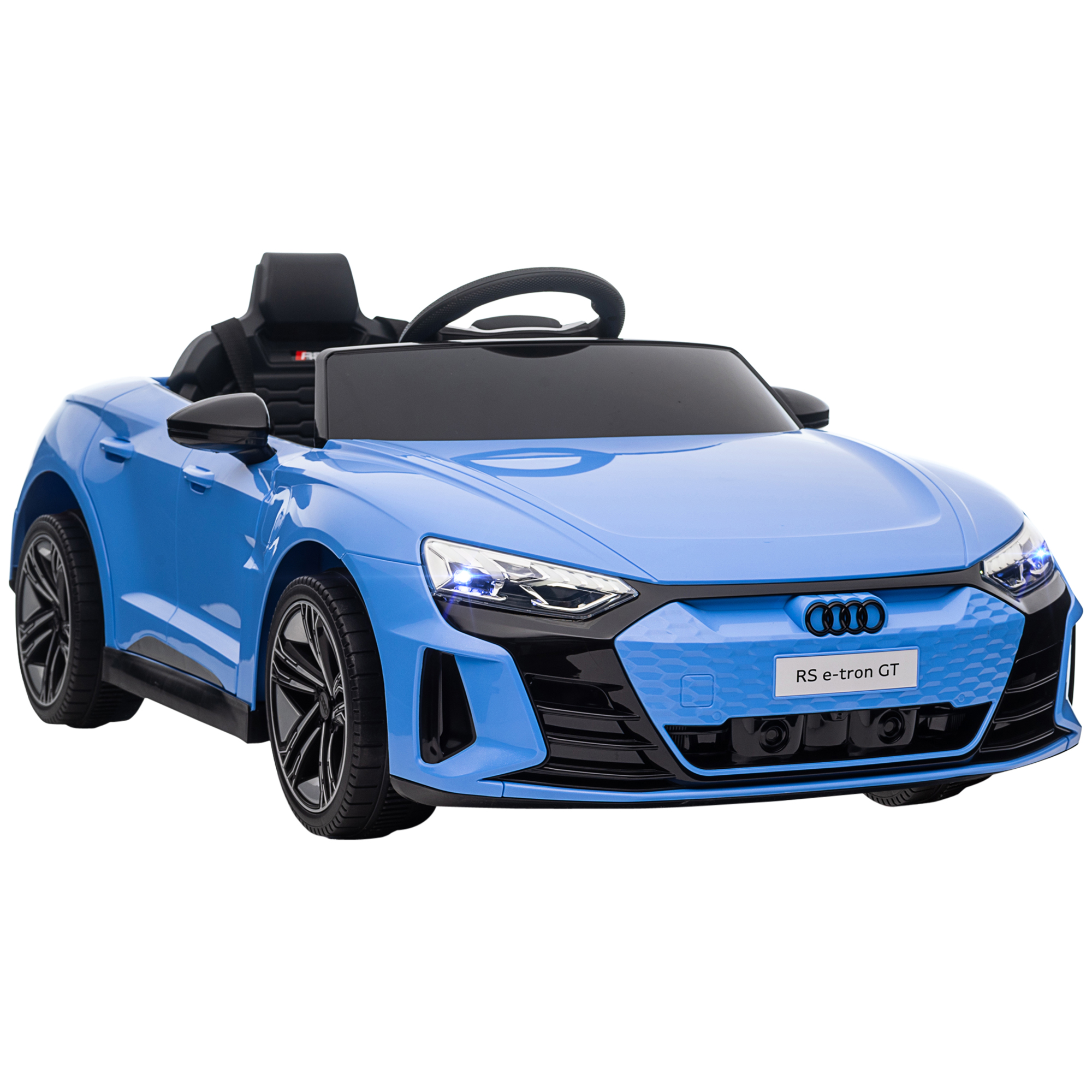 Auto giocattolo blu con dettagli neri, fari e logo RS e-tron GT. Sfondo bianco.