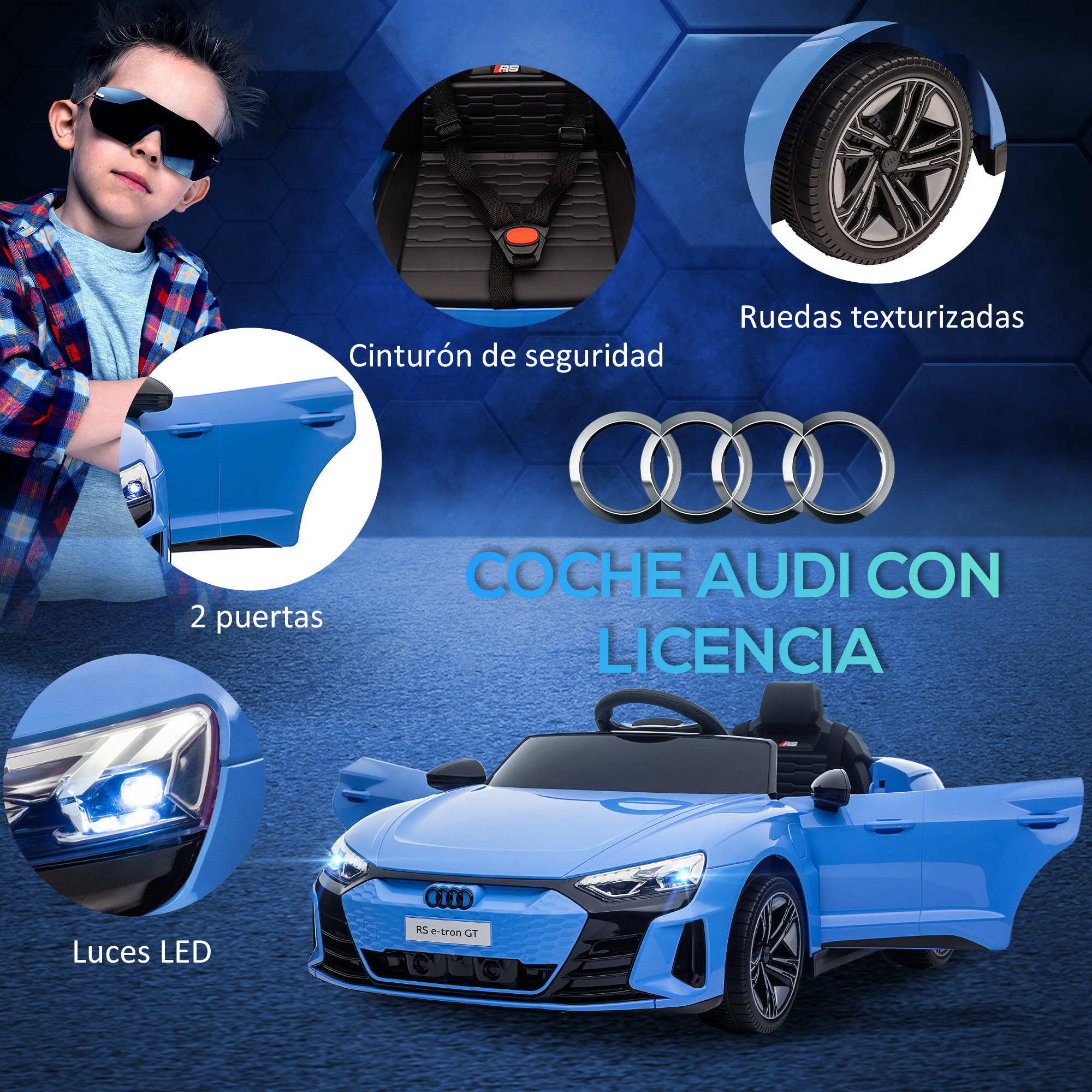 Coche de juguete azul con puertas abiertas, luces LED y un niño mirando. Logotipo de Audi visible.