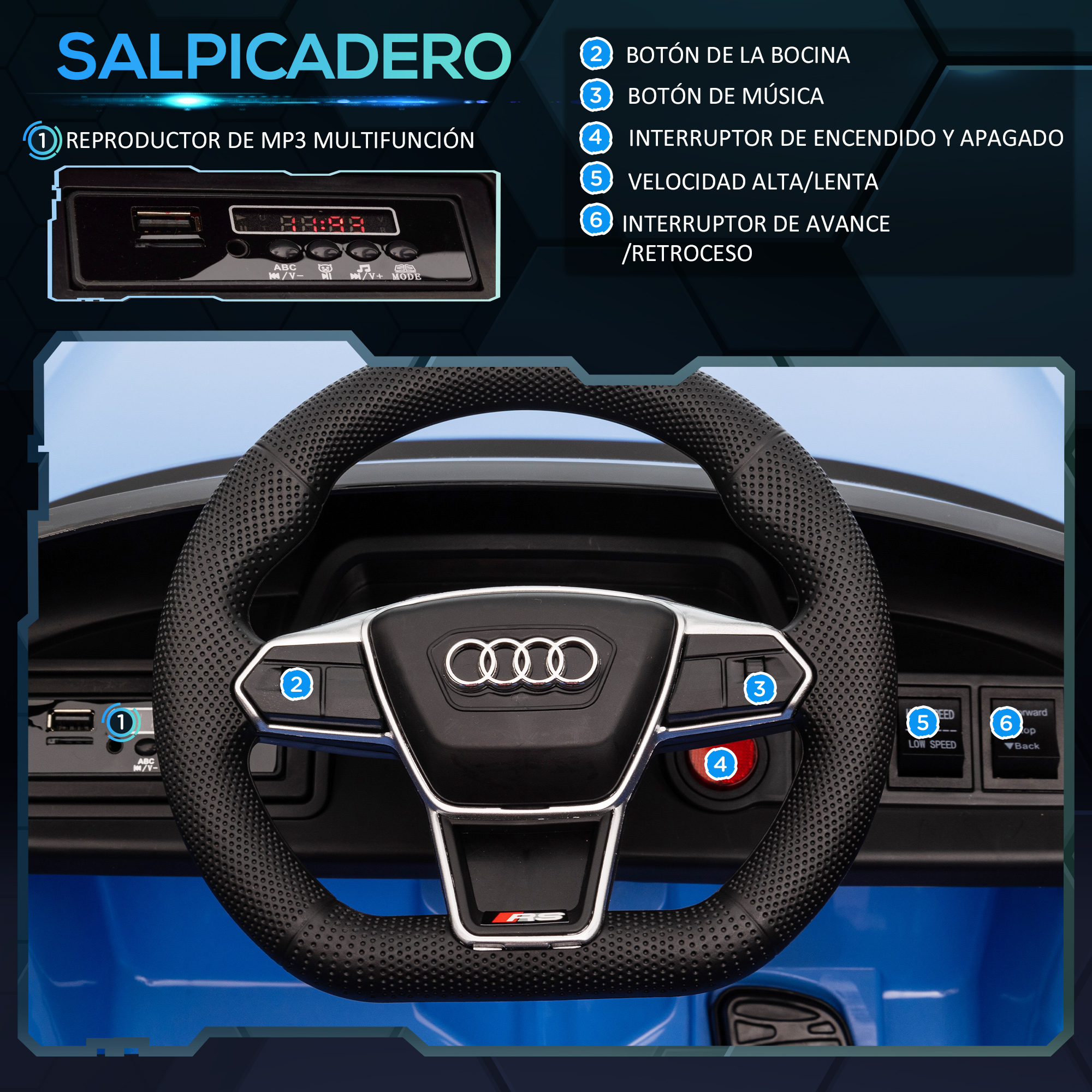 Panel de control de un coche de juguete azul con botones y reproductor MP3. Incluye bocina, música e interruptor.
