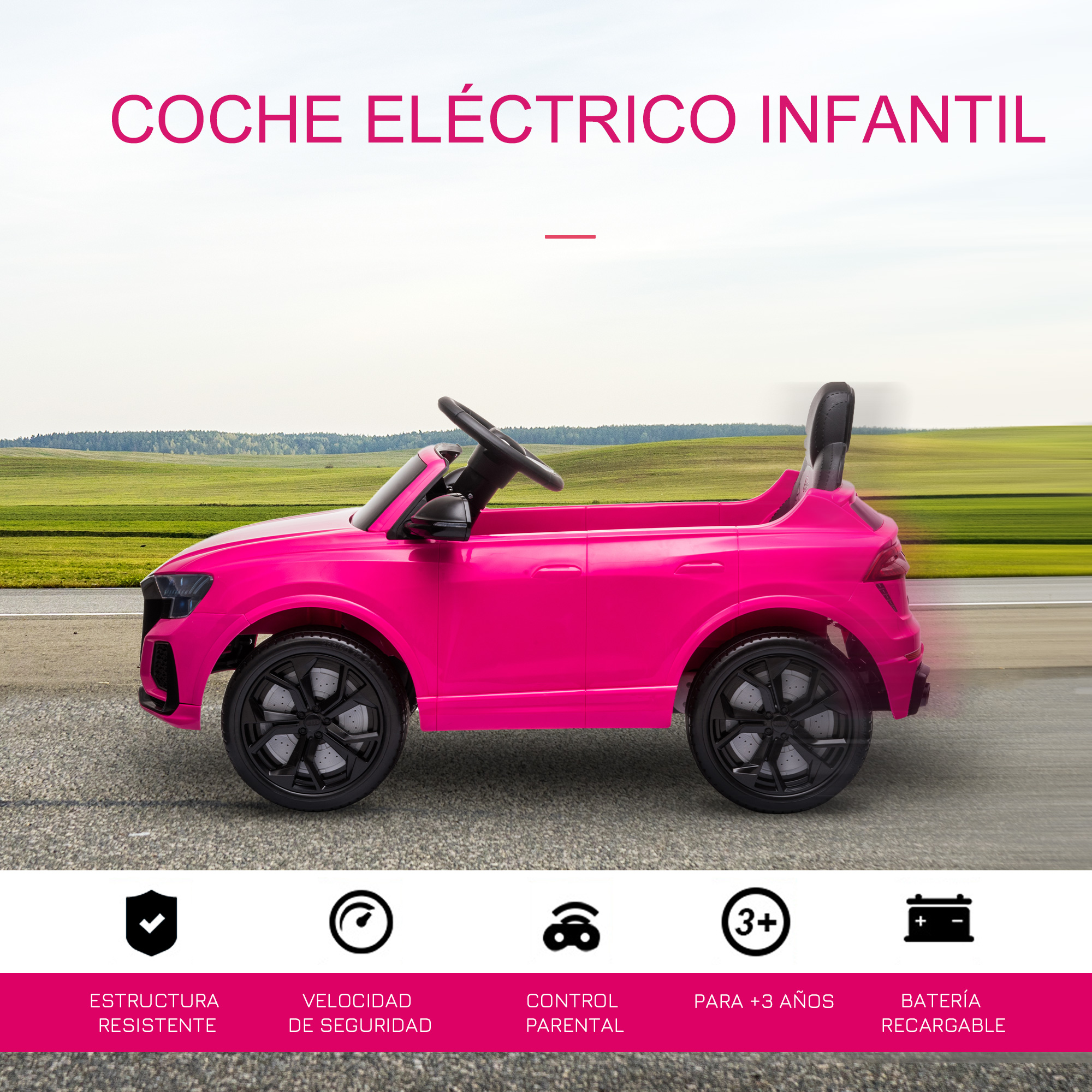 Coche eléctrico rosa para niños con ruedas negras. Incluye estructura robusta y control parental.