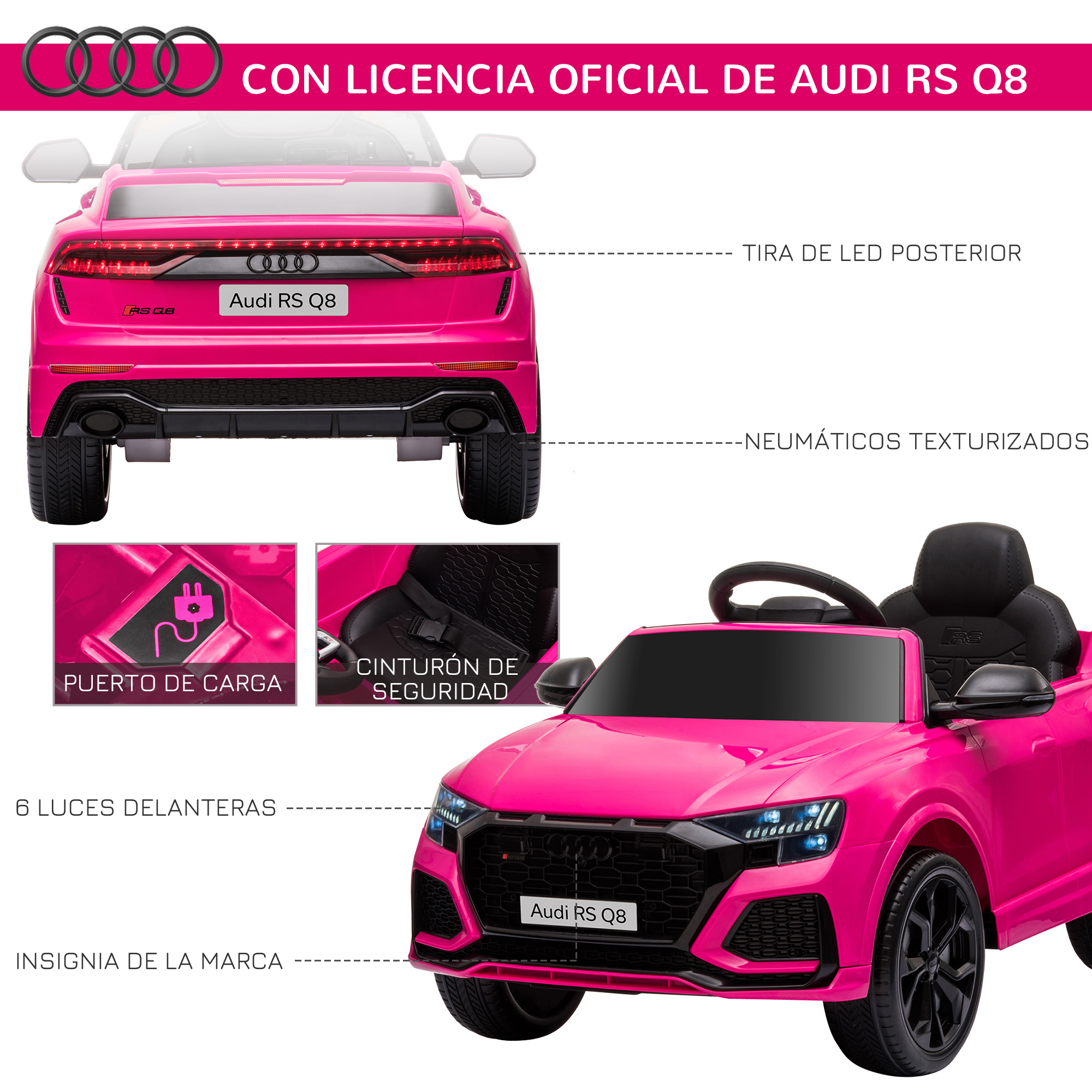 Un coche de juguete Audi RS Q8 rosa con detalles etiquetados. Incluye faros, puerto de carga y cinturones de seguridad.