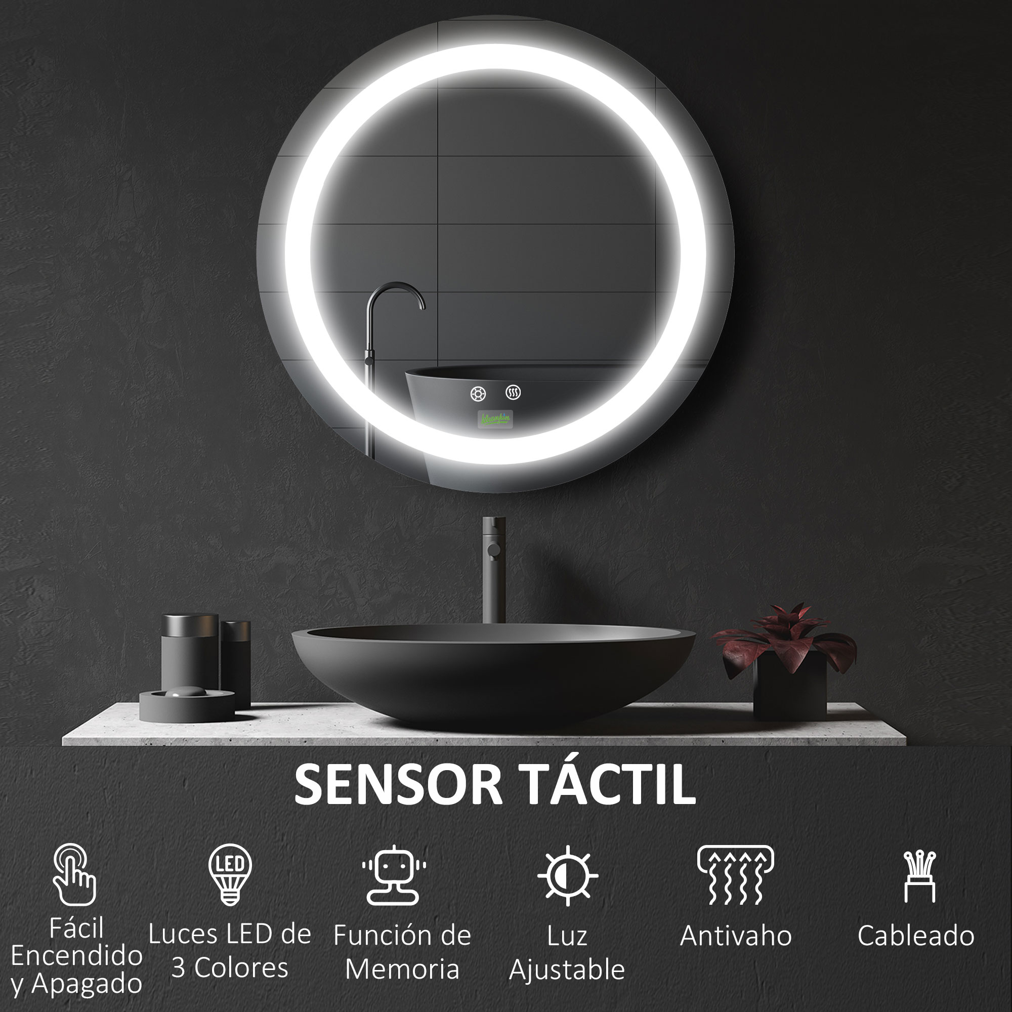 Espejo redondo con luces LED sobre un lavabo negro, funciones de sensor táctil e iconos.