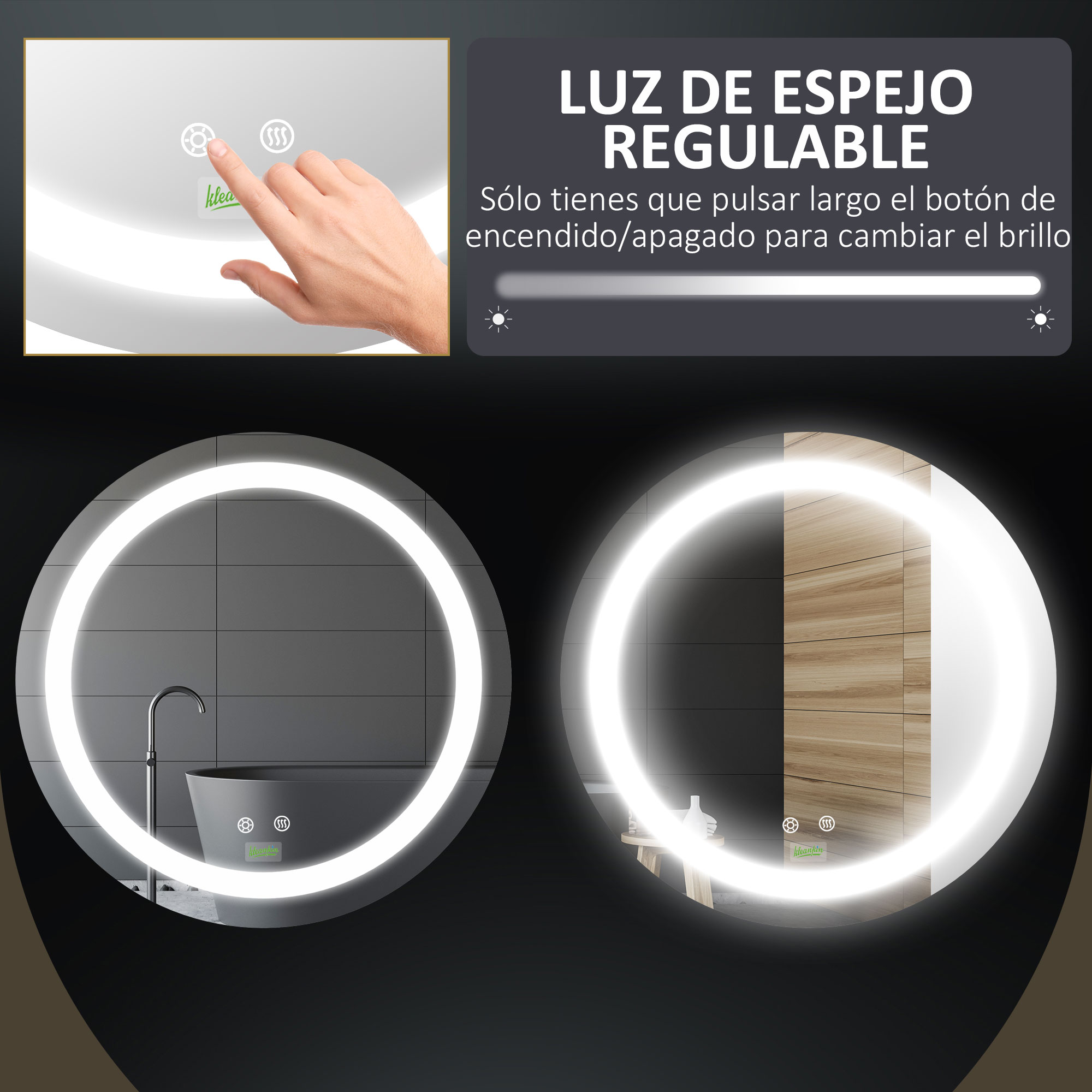Dos espejos iluminados con controles táctiles. Instrucciones para ajustar el brillo.