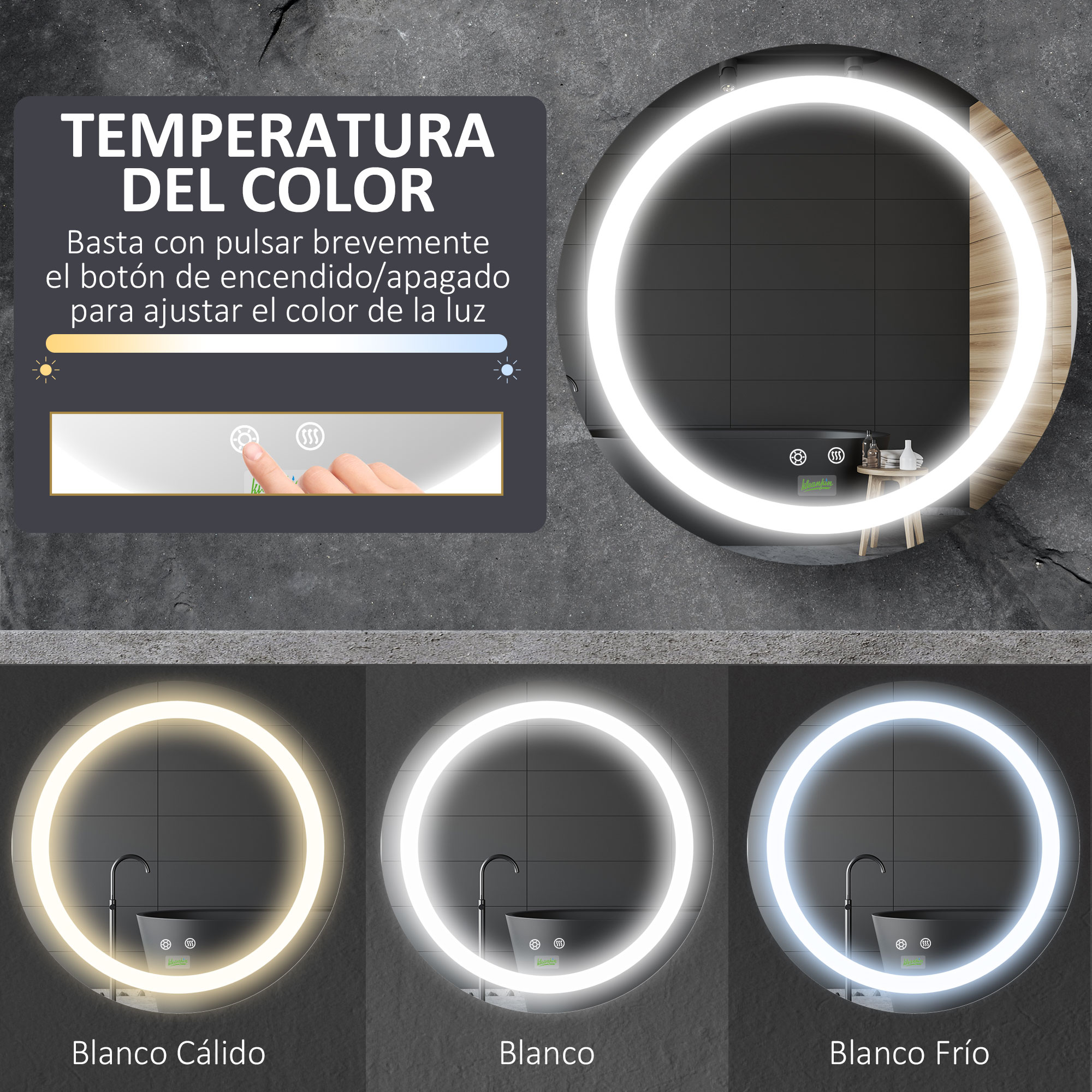 Espejo redondo iluminado con controles táctiles. Muestra ajustes de luz cálida, blanca y fría. Grifo plateado debajo.