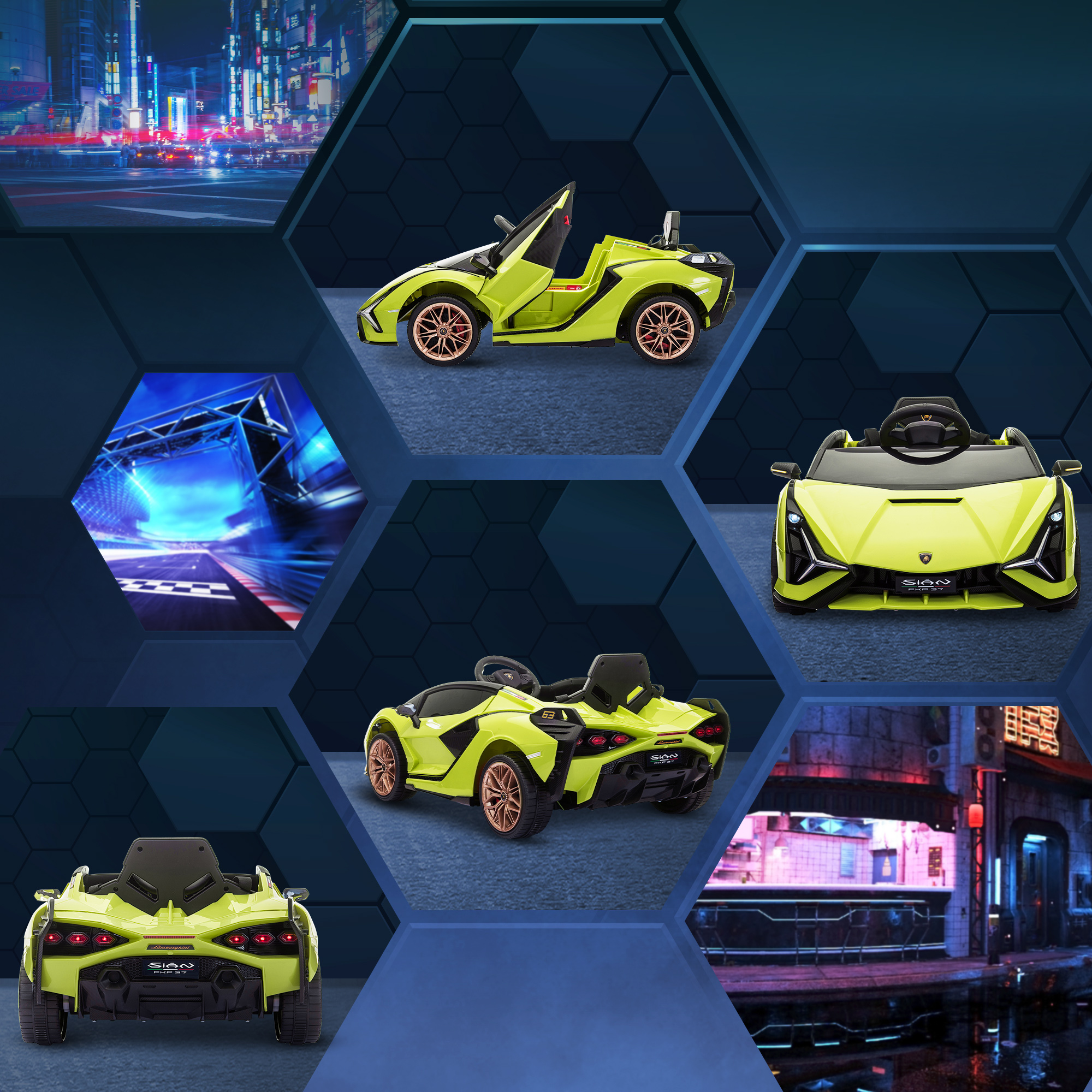 Collage di un'auto giocattolo verde lime, che mostra più angolazioni e uno sfondo futuristico.