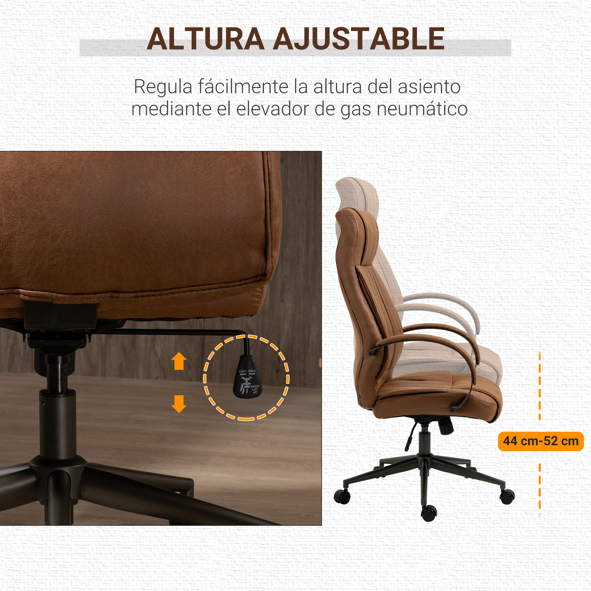 Silla de oficina marrón con ajuste de altura. Texto muestra rango de altura.