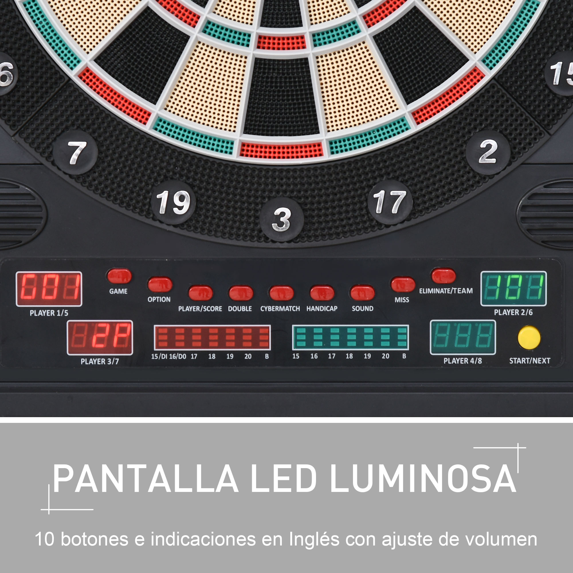 Diana electrónica con múltiples pantallas que muestran puntuaciones y opciones de juego. Negro con detalles rojos y verdes.