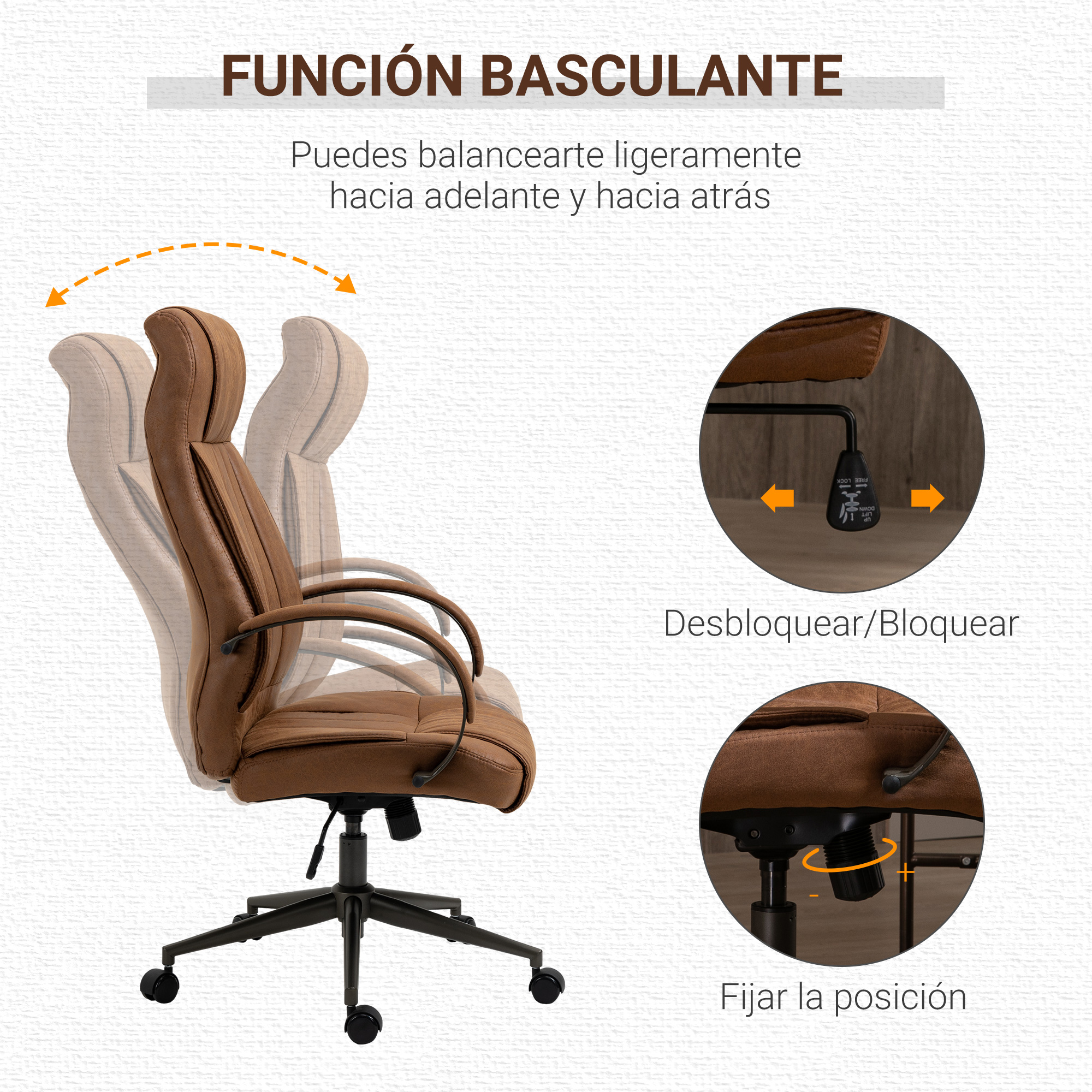 Una silla de oficina con cuero marrón y base negra. Instrucciones de cómo desbloquear y bloquear la silla.