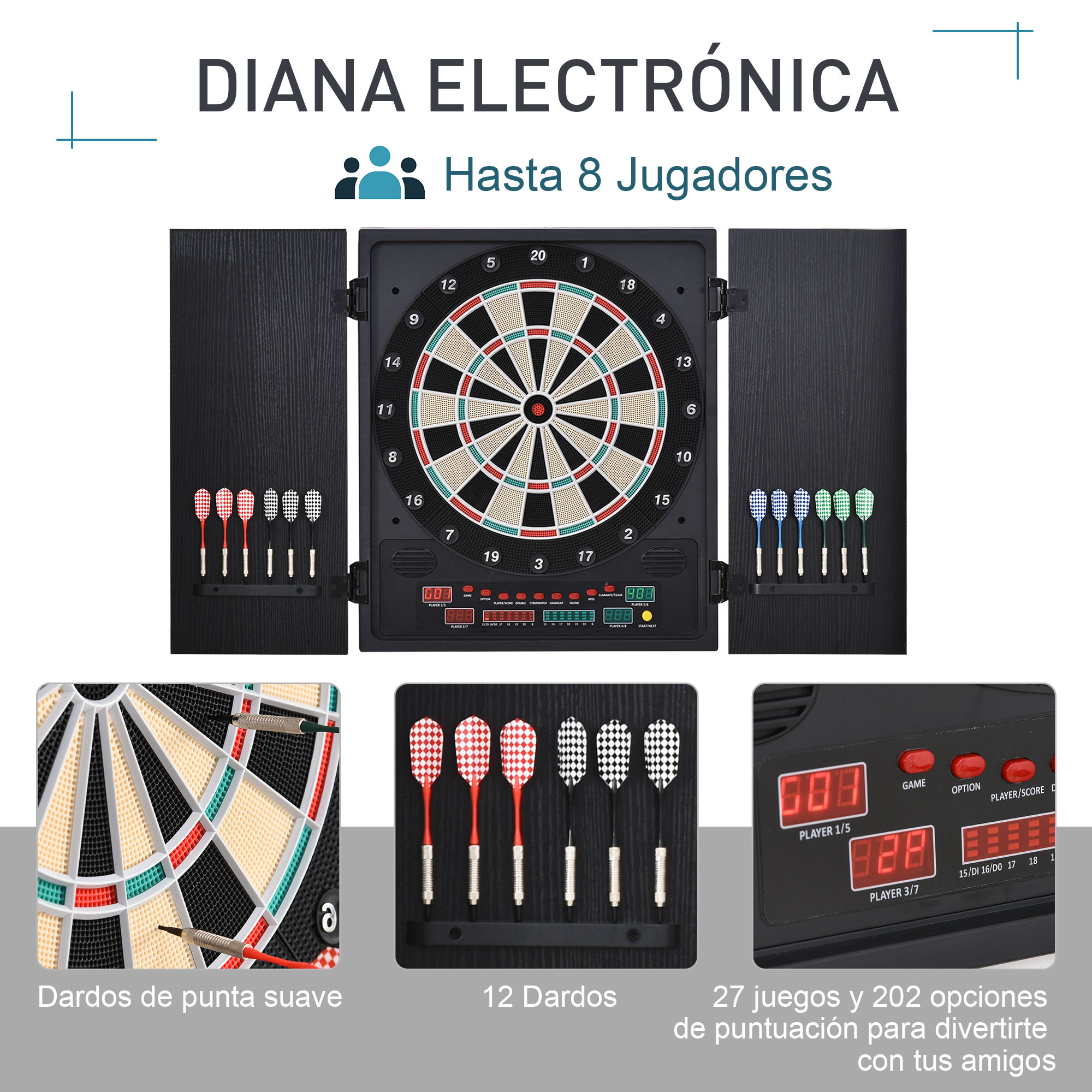 Diana electrónica con dardos y pantalla. Incluye: dardos, 27 juegos, 202 opciones e información del jugador.