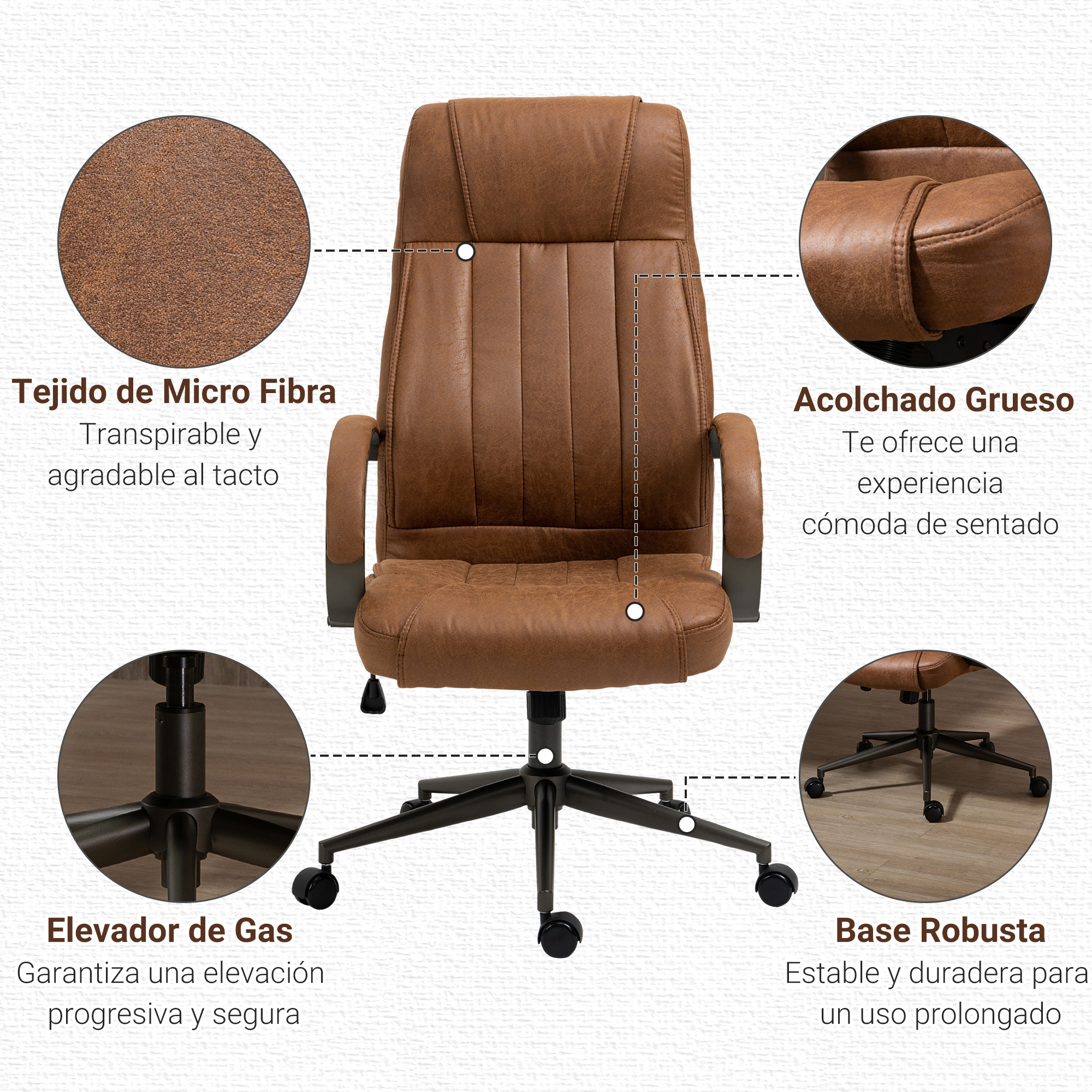 Silla de oficina de cuero marrón con detalles, incluido elevador de gas y base.