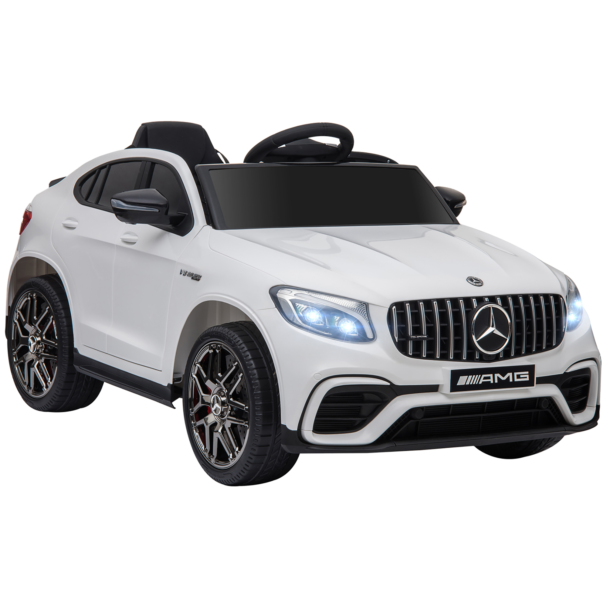 Coche de juguete blanco, similar a un coupé. Detalles y llantas negras. Fondo blanco, vista frontal.