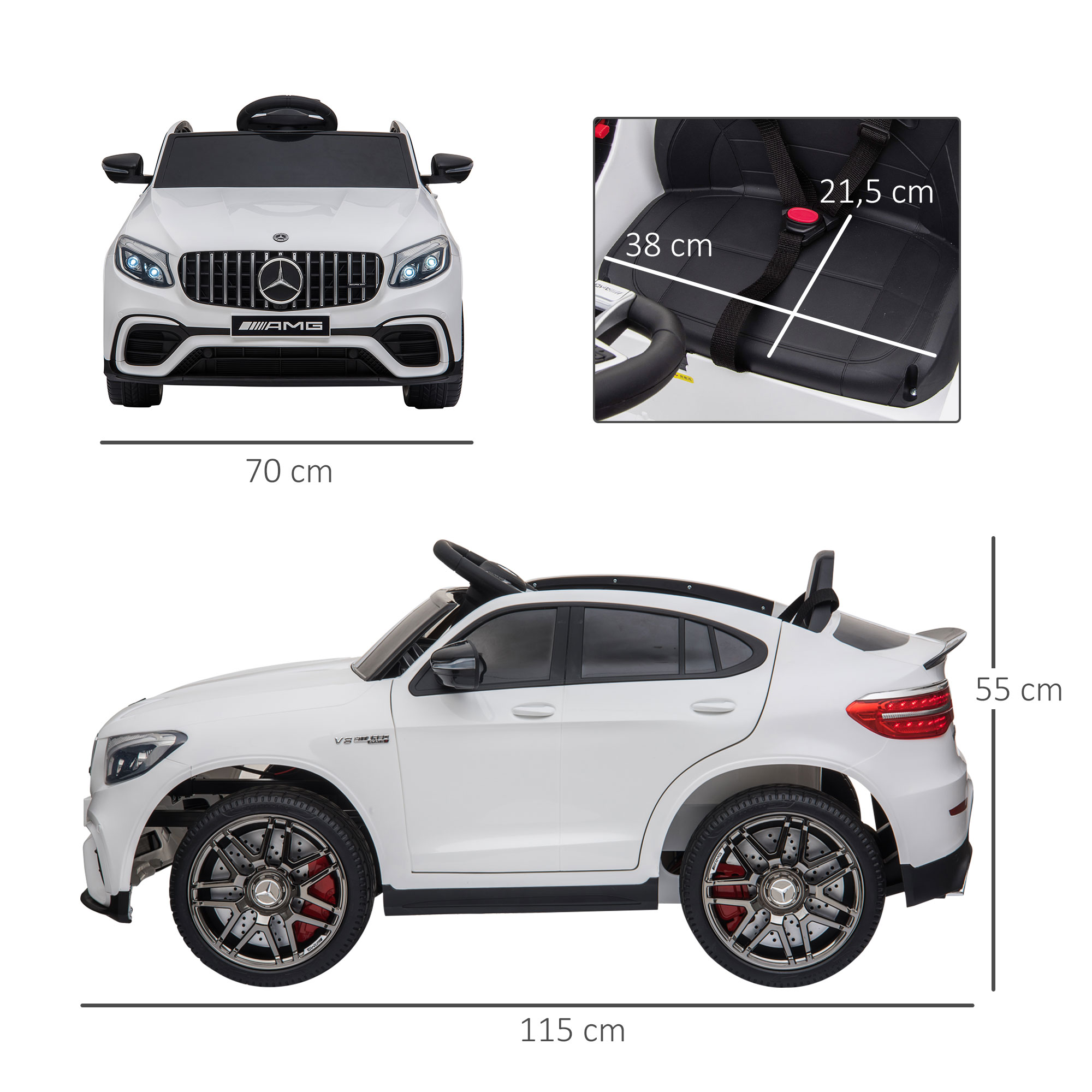 Coche de juguete blanco con detalles negros. Dimensiones: 70 cm largo, 115 cm largo, 55 cm alto. Logotipo AMG.