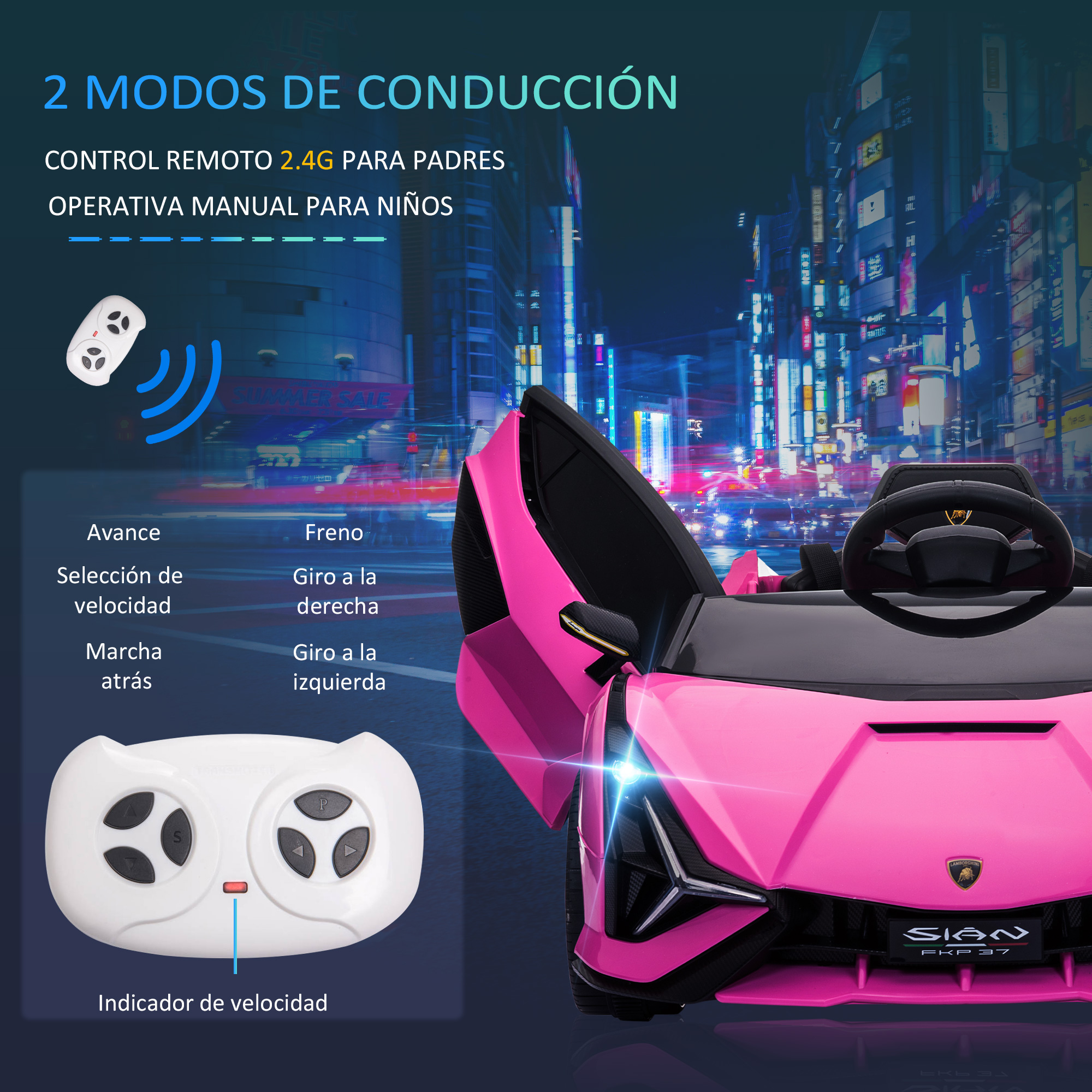 Coche de juguete rosa. Control remoto con selección de velocidad y direcciones. Fondo de ciudad.