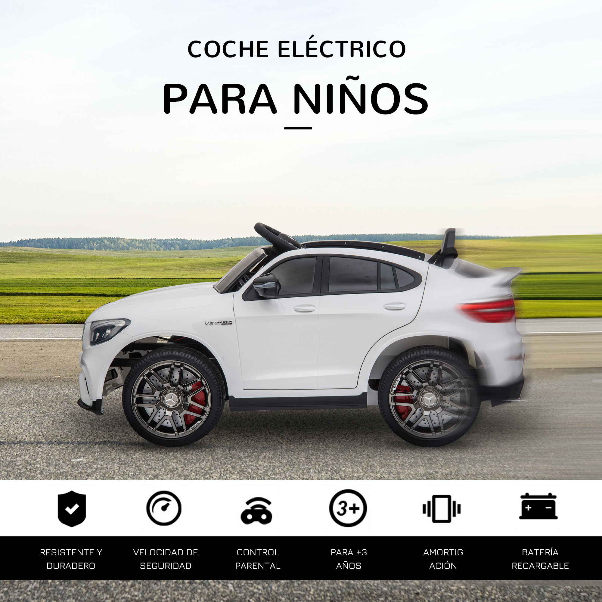Un coche de juguete blanco en una carretera, con texto en español, enumera características: robusto, velocidad de seguridad, control parental y batería recargable.