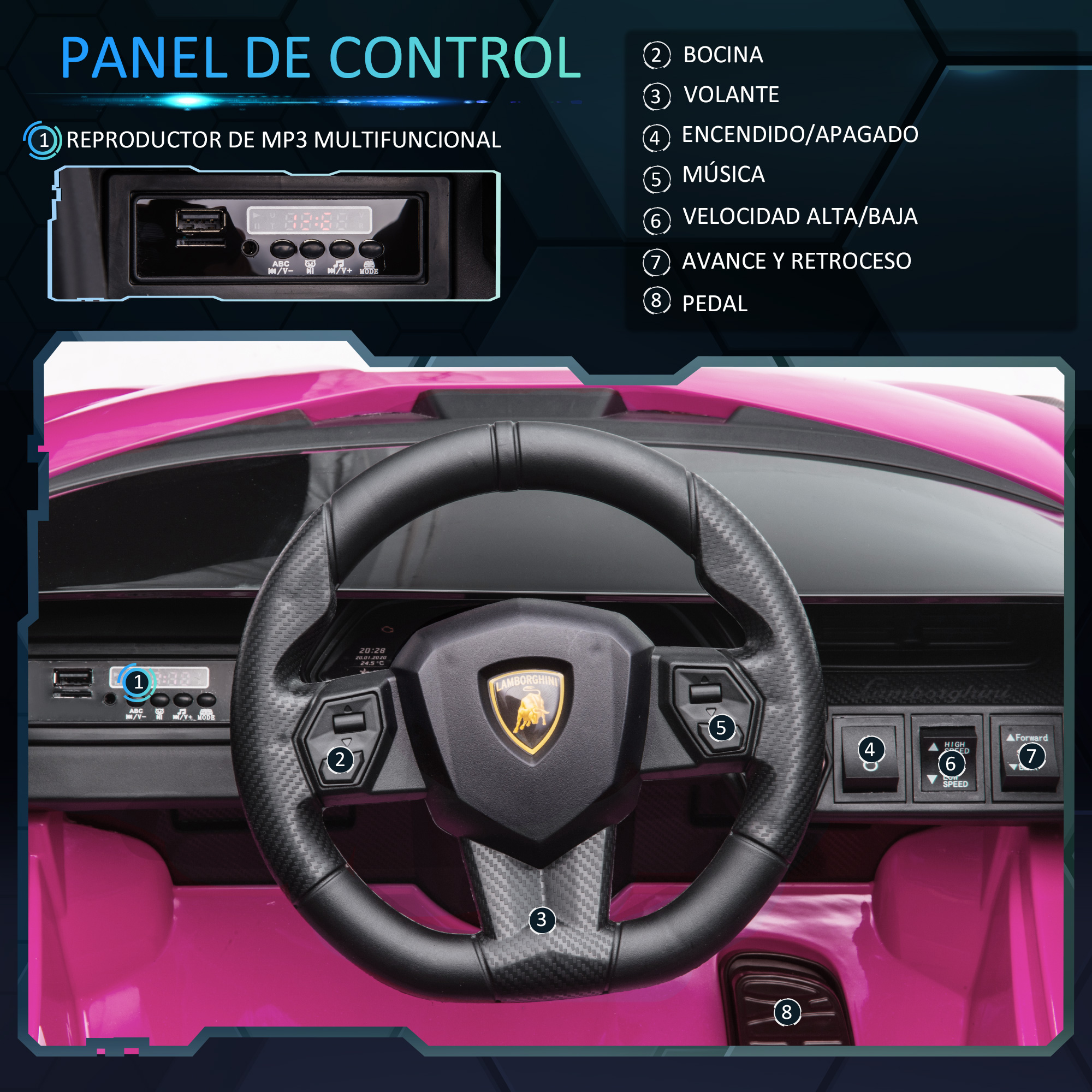 Panel de instrumentos de un coche de juguete rosa con botones, volante y panel de control mostrando el reproductor MP3.