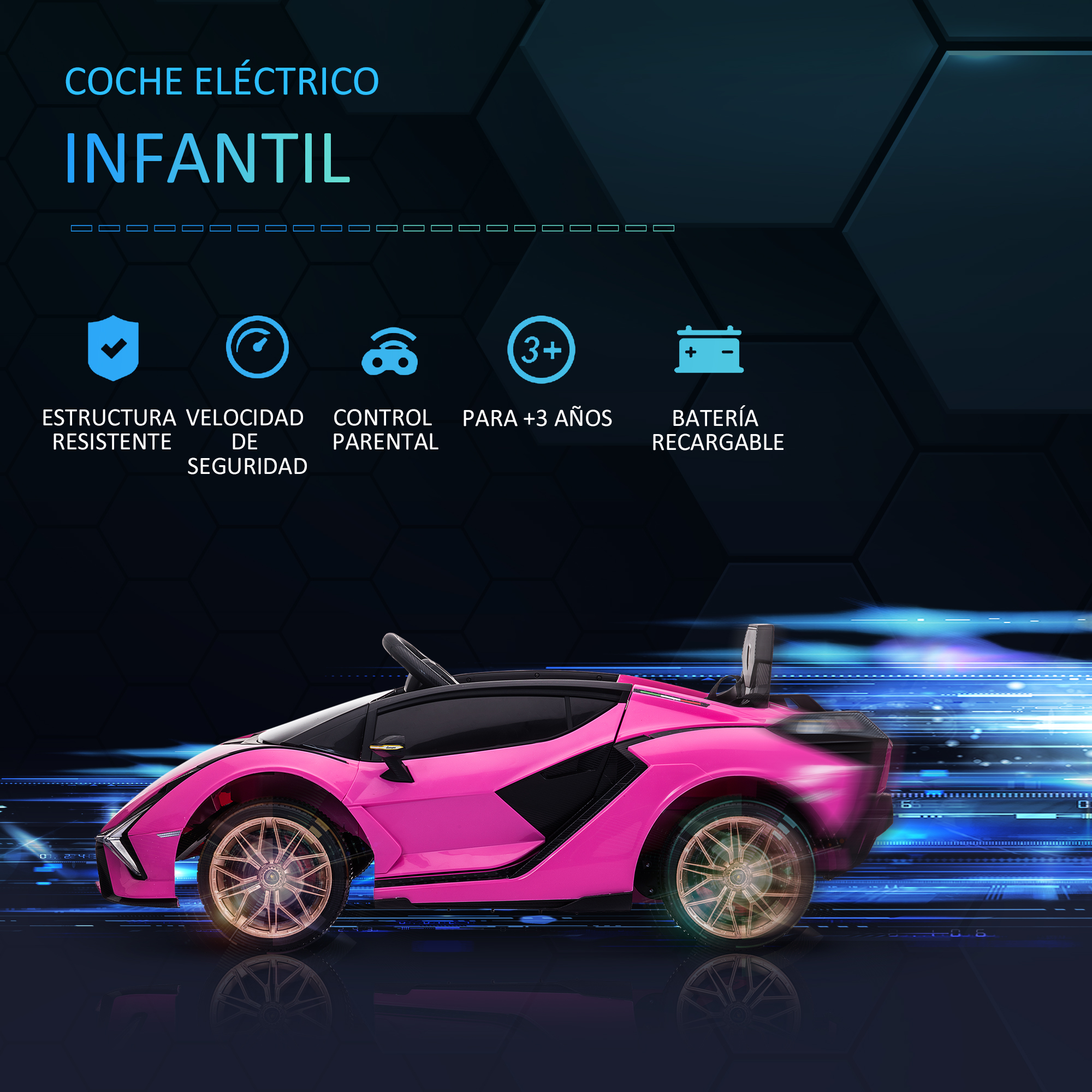 Coche de juguete rosa, con ruedas doradas, sobre un fondo degradado azul, texto blanco.