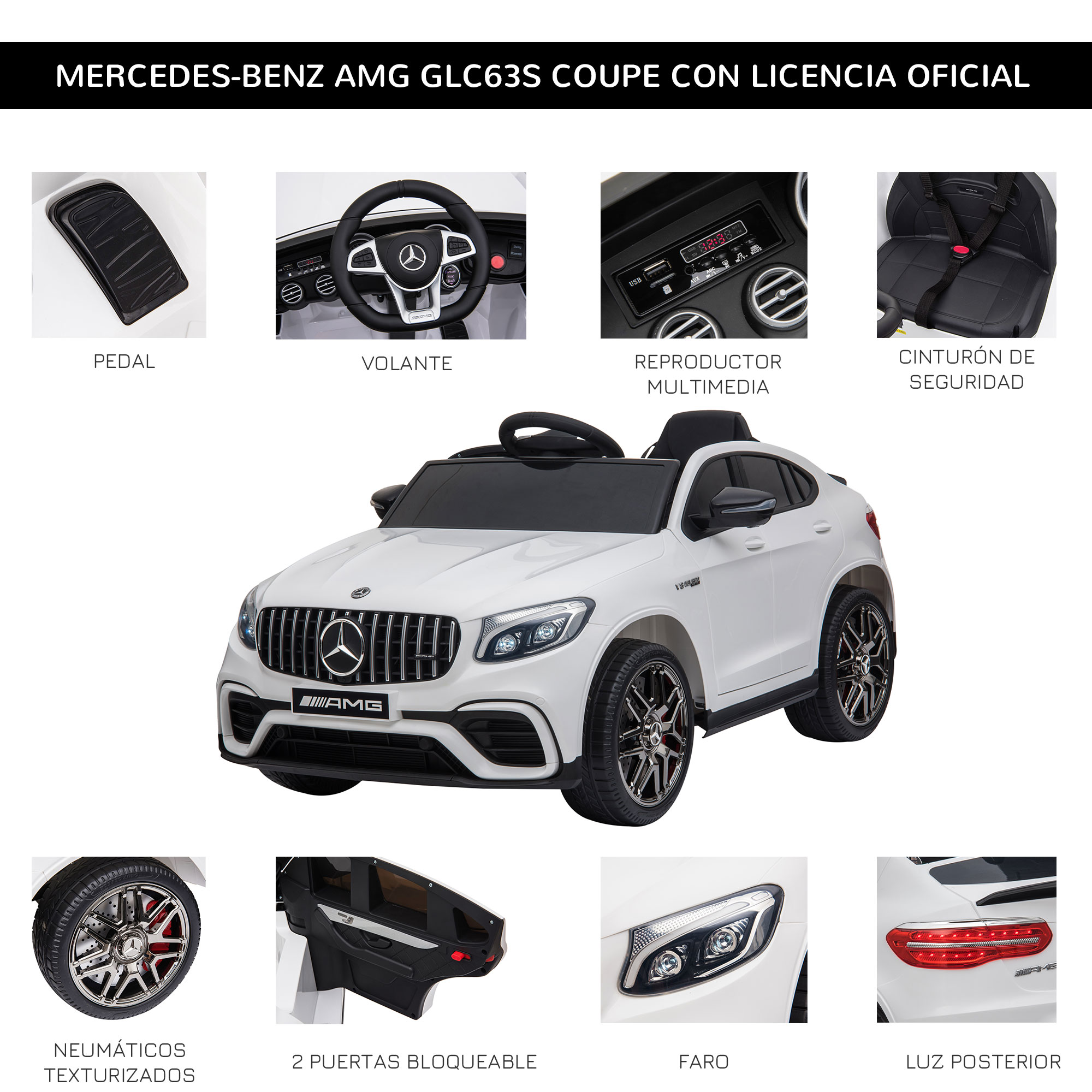 Un coche de juguete blanco Mercedes-Benz AMG GLC63S coupe. Incluye detalles de componentes interiores y exteriores.