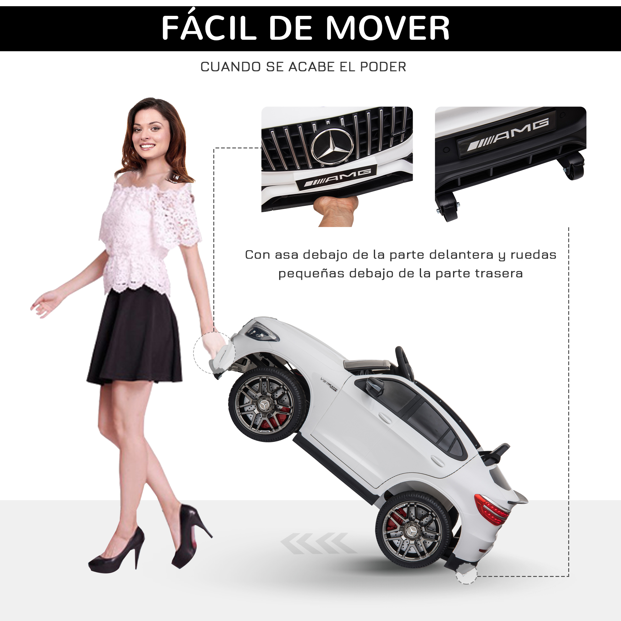Mujer caminando junto a un coche de juguete blanco. Detalles del coche: parrilla delantera, ruedas traseras.