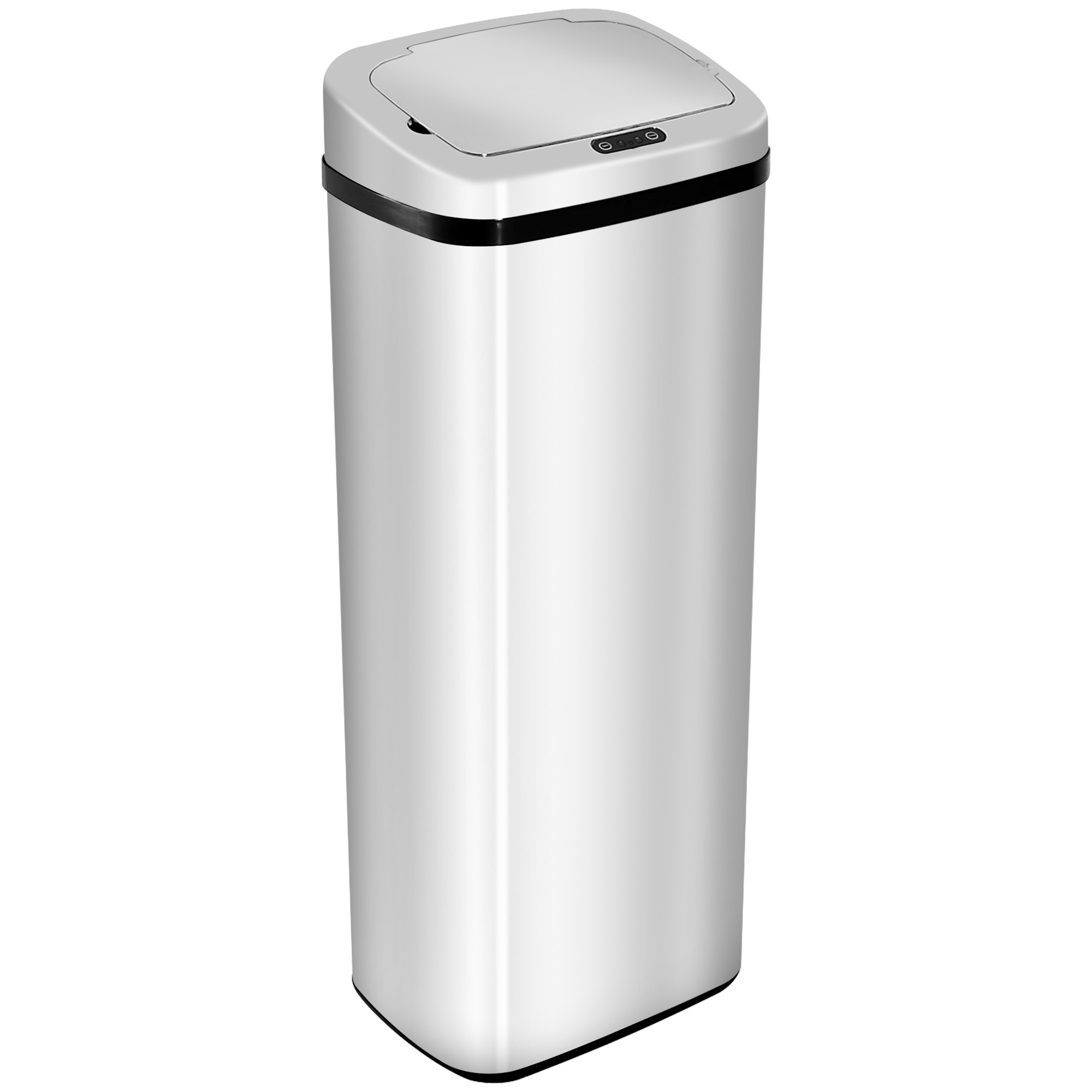 Pattumiera rettangolare argentata con bordo nero e coperchio touch sensor. Isolato su bianco.