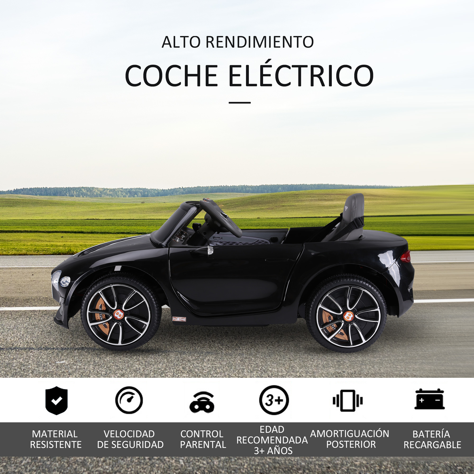 Coche eléctrico de juguete negro. Características: material resistente, velocidad, control parental, 3+ años, amortiguación trasera, batería recargable.
