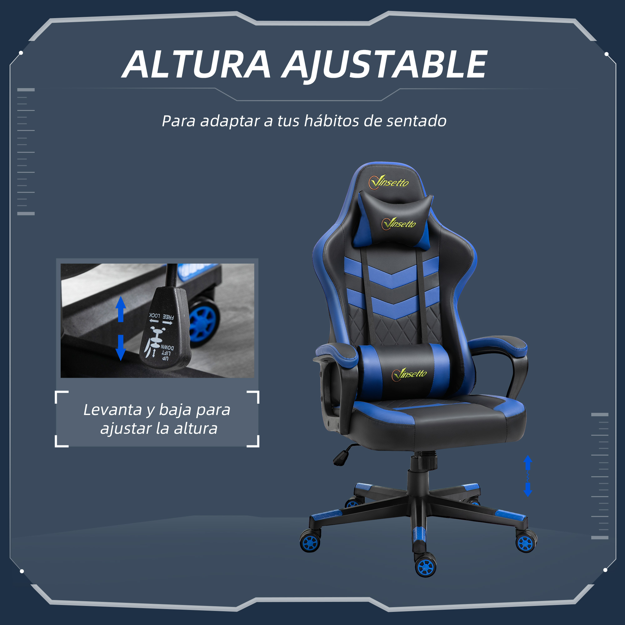 Silla gaming negra y azul. Texto en español. Función de altura ajustable. Ruedas azules.