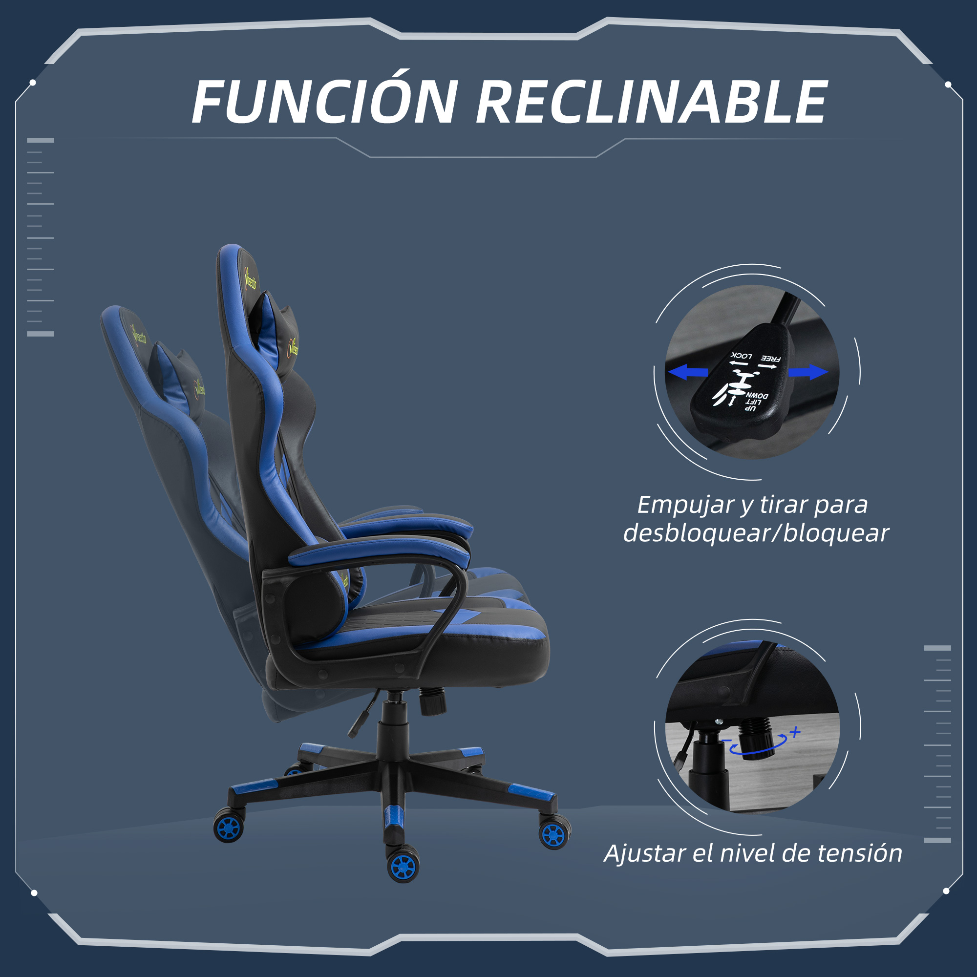 Silla gaming reclinable, con diseño azul y negro. Muestra la reclinación y el ajuste de tensión.