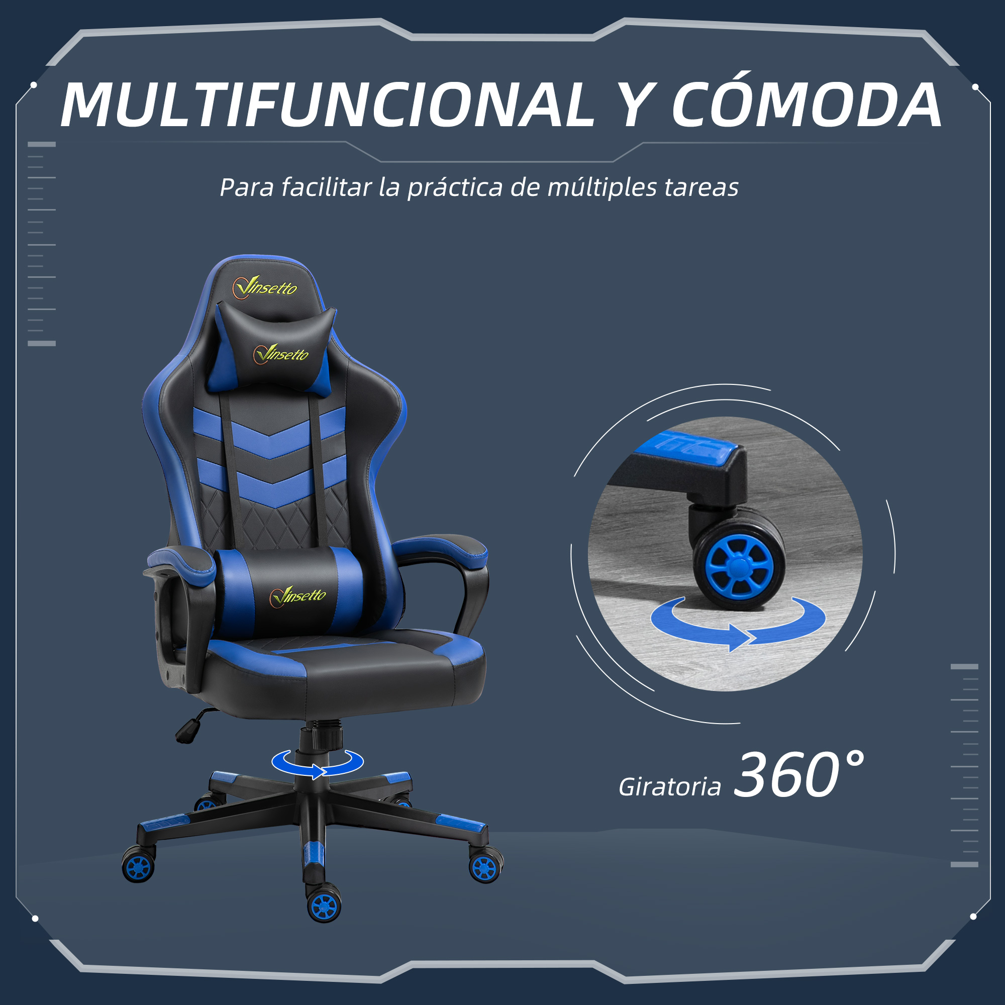 Silla gaming negra y azul con base giratoria de 360 grados, texto gráfico.